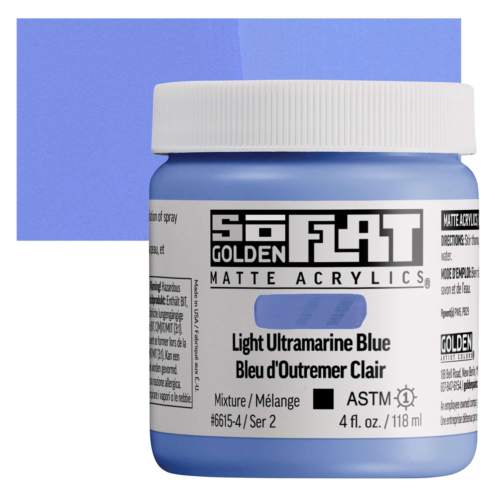Golden SoFlat Matte Acrylic Paint - Light Ultramarine Blue, 118 ml, Jar and swatch