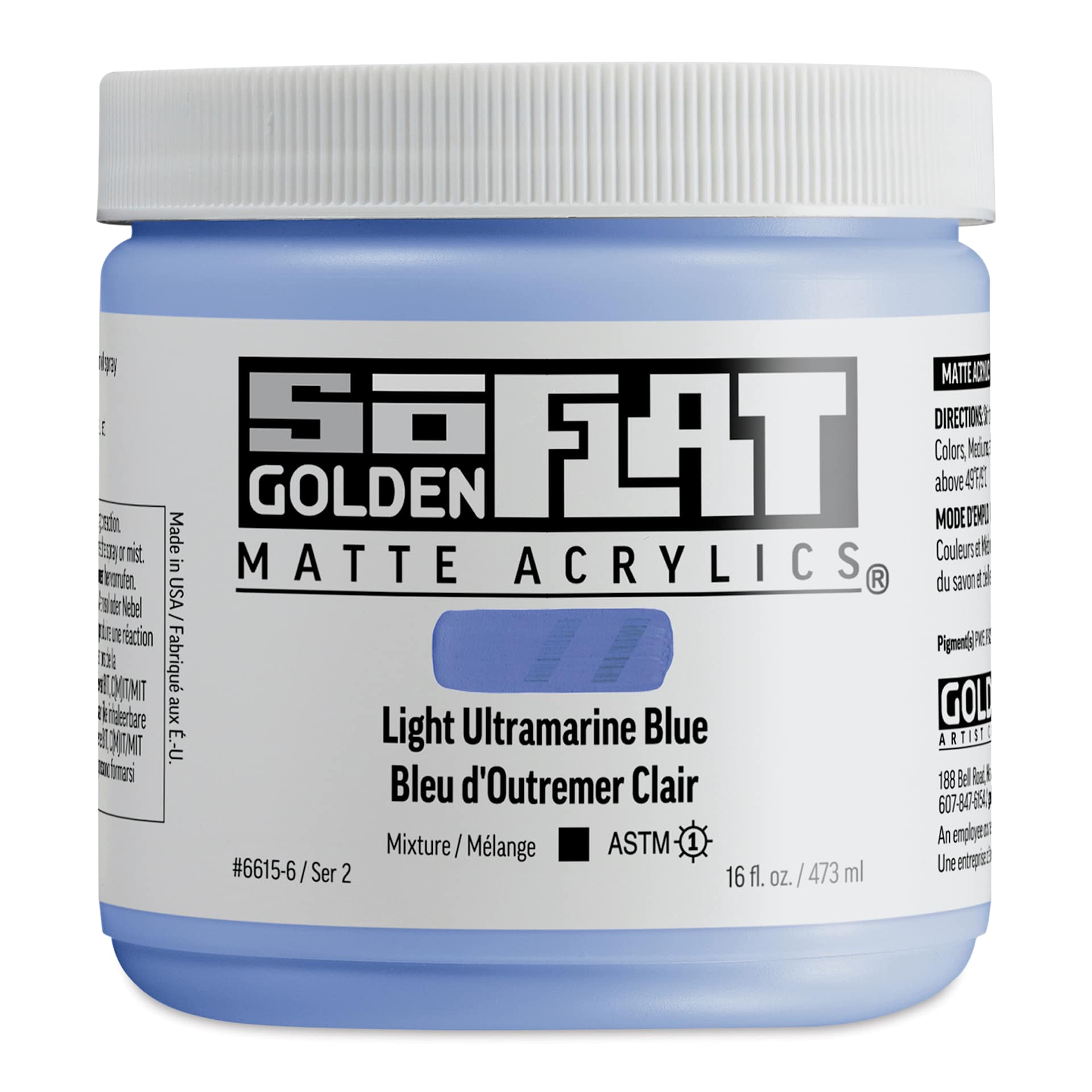 Golden SoFlat Matte Acrylic Paint - Light Ultramarine Blue, 473 ml, Jar