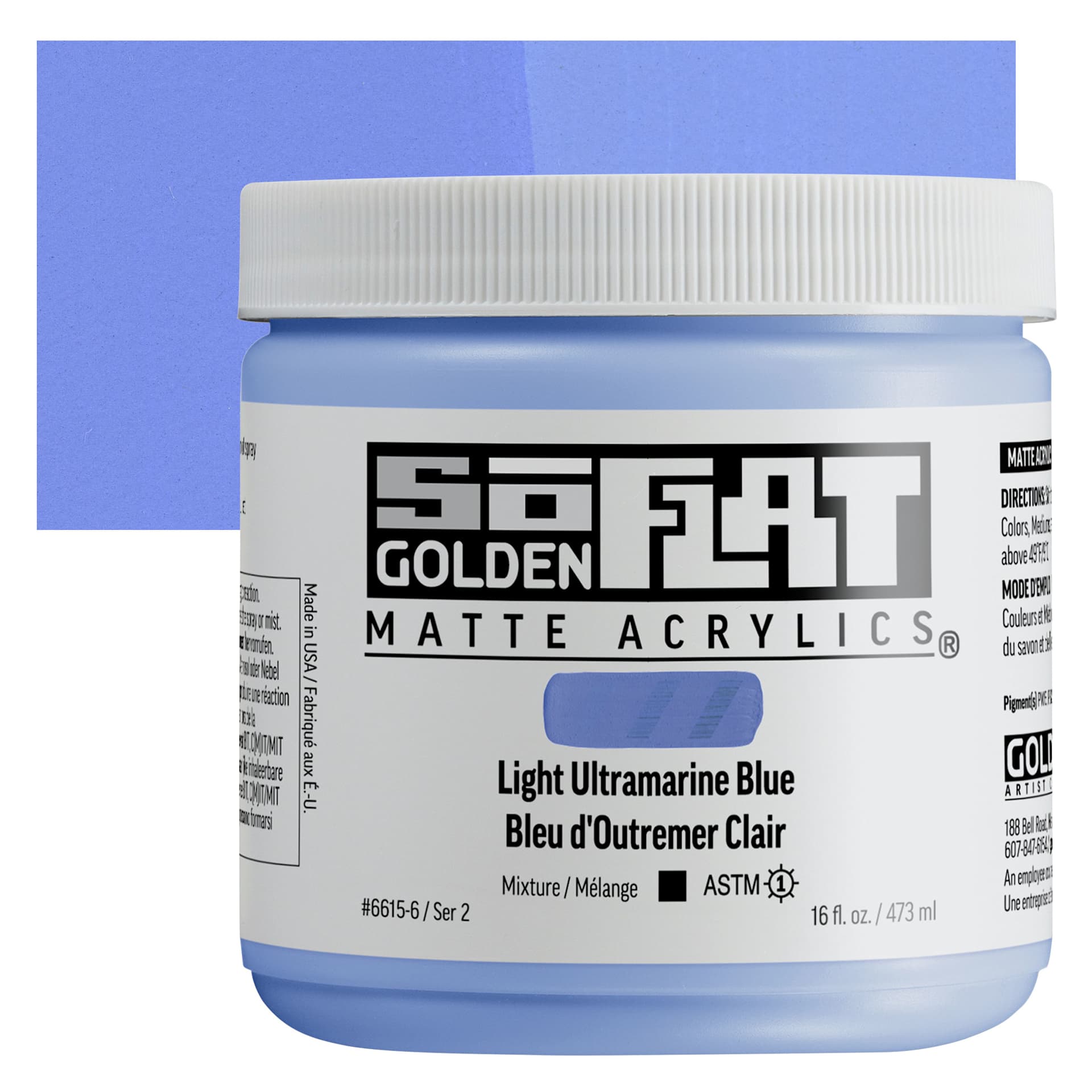 Golden SoFlat Matte Acrylic Paint - Light Ultramarine Blue, 473 ml, Jar and swatch