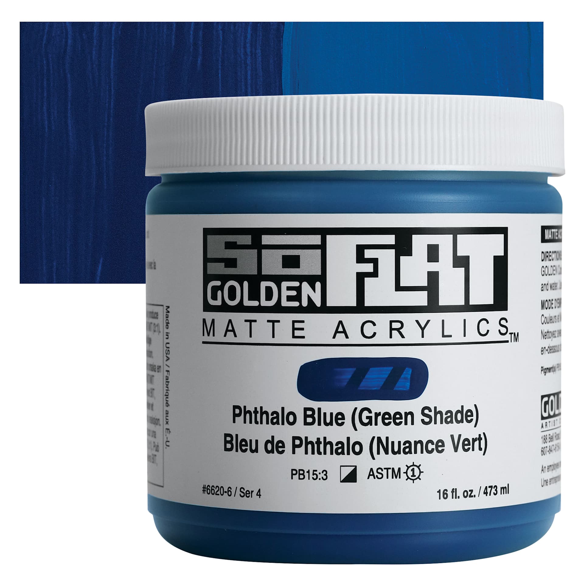 Golden SoFlat Matte Acrylic Paint - Phthalo Blue (Green Shade), 473 ml, Jar and swatch
