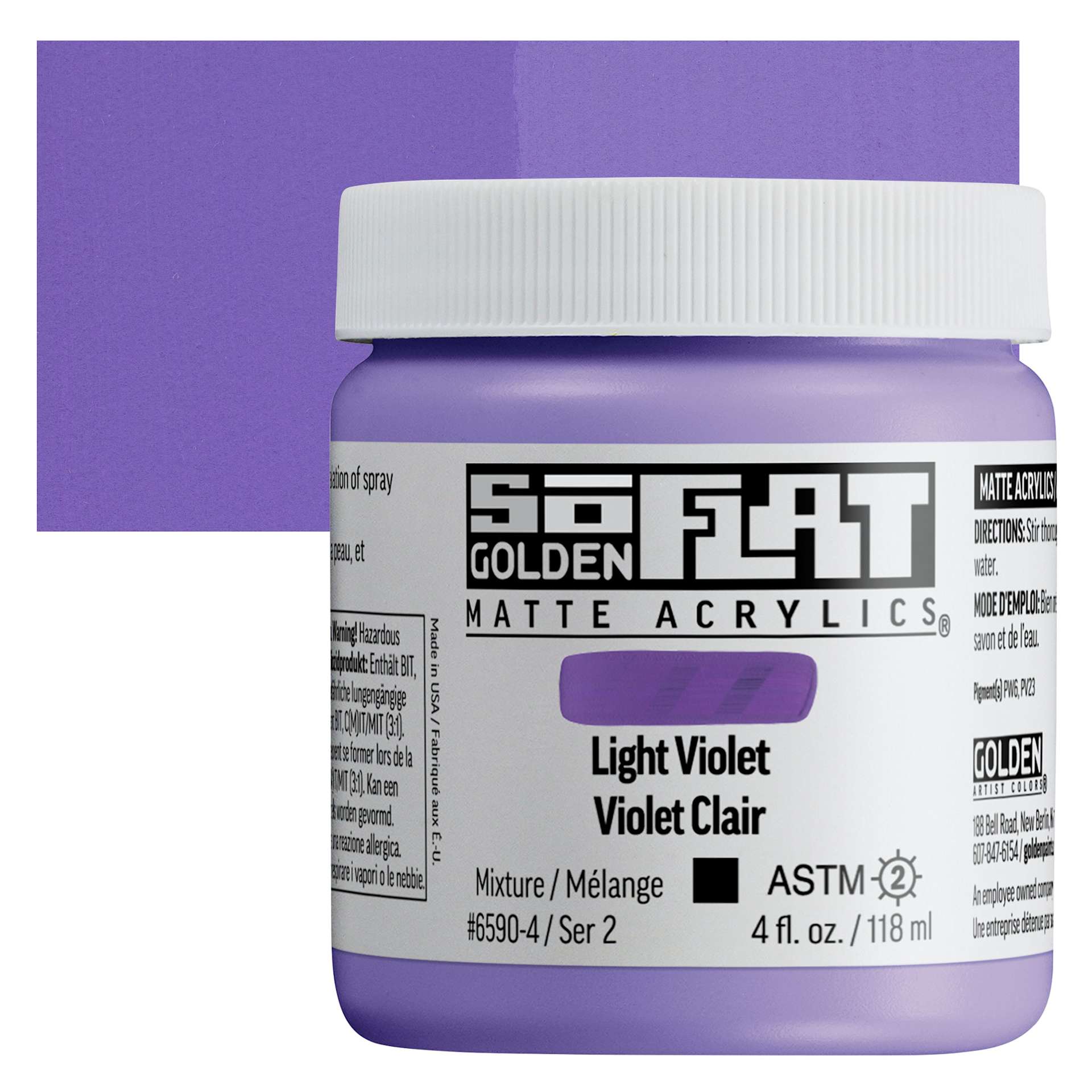 Golden SoFlat Matte Acrylic Paint - Light Violet, 118 ml, Jar and swatch