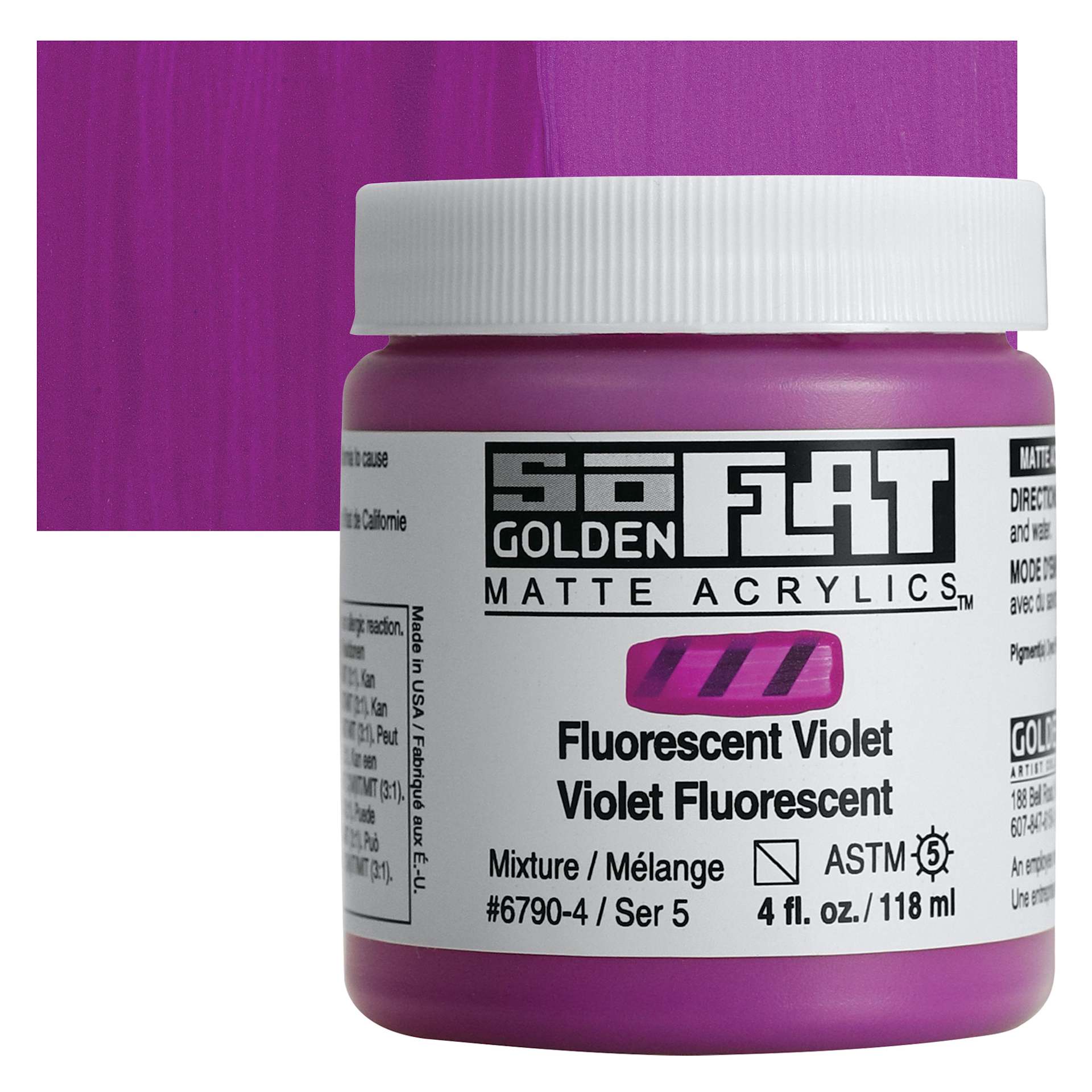 Golden SoFlat Matte Acrylic Paint - Fluorescent Violet, 118 ml, Jar and swatch