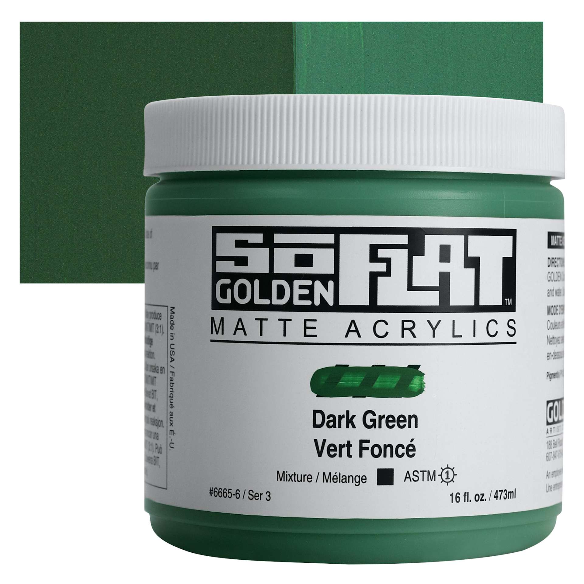 Golden SoFlat Matte Acrylic Paint - Dark Green, 473 ml, Jar and swatch