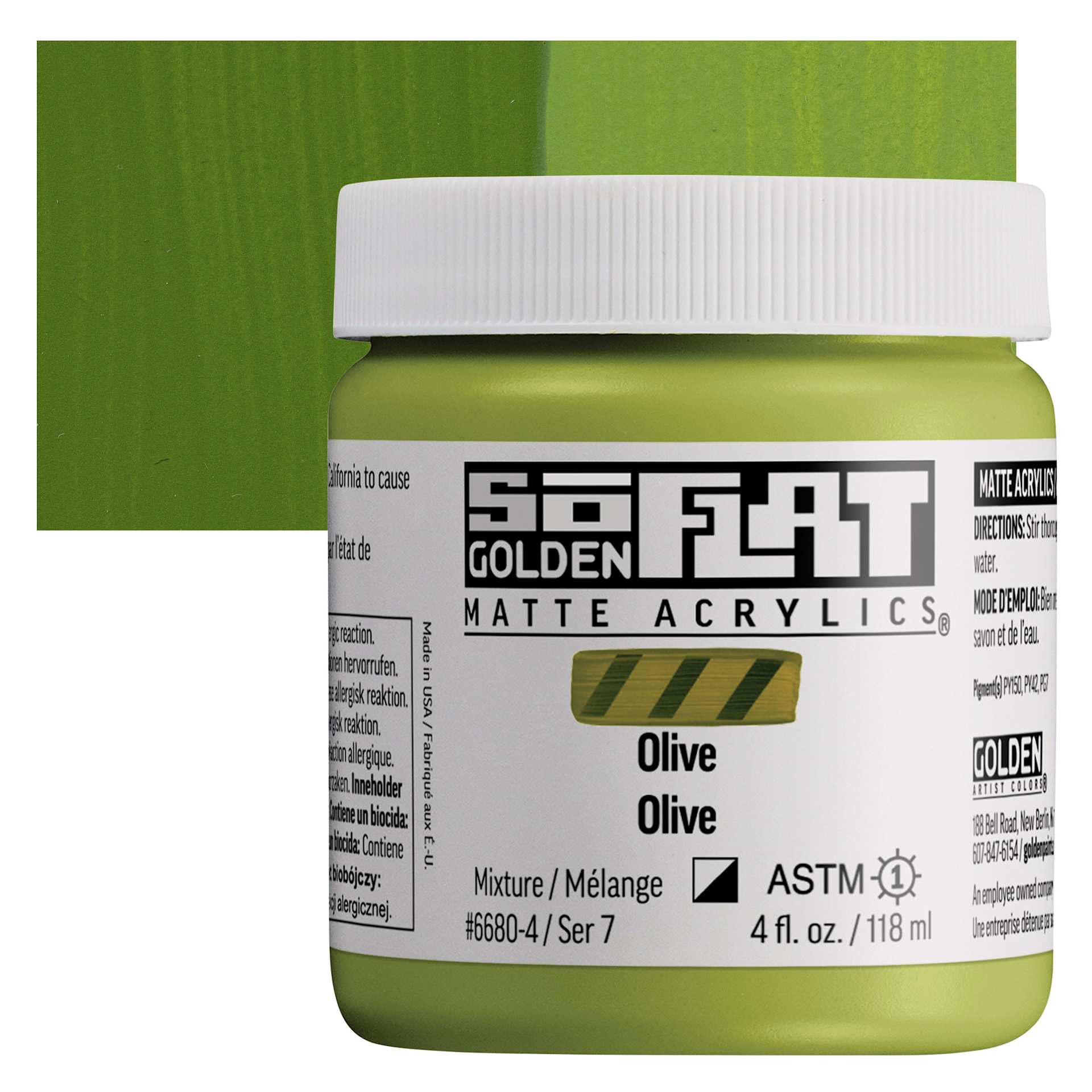 Golden SoFlat Matte Acrylic Paint - Olive, 118 ml, Jar and swatch