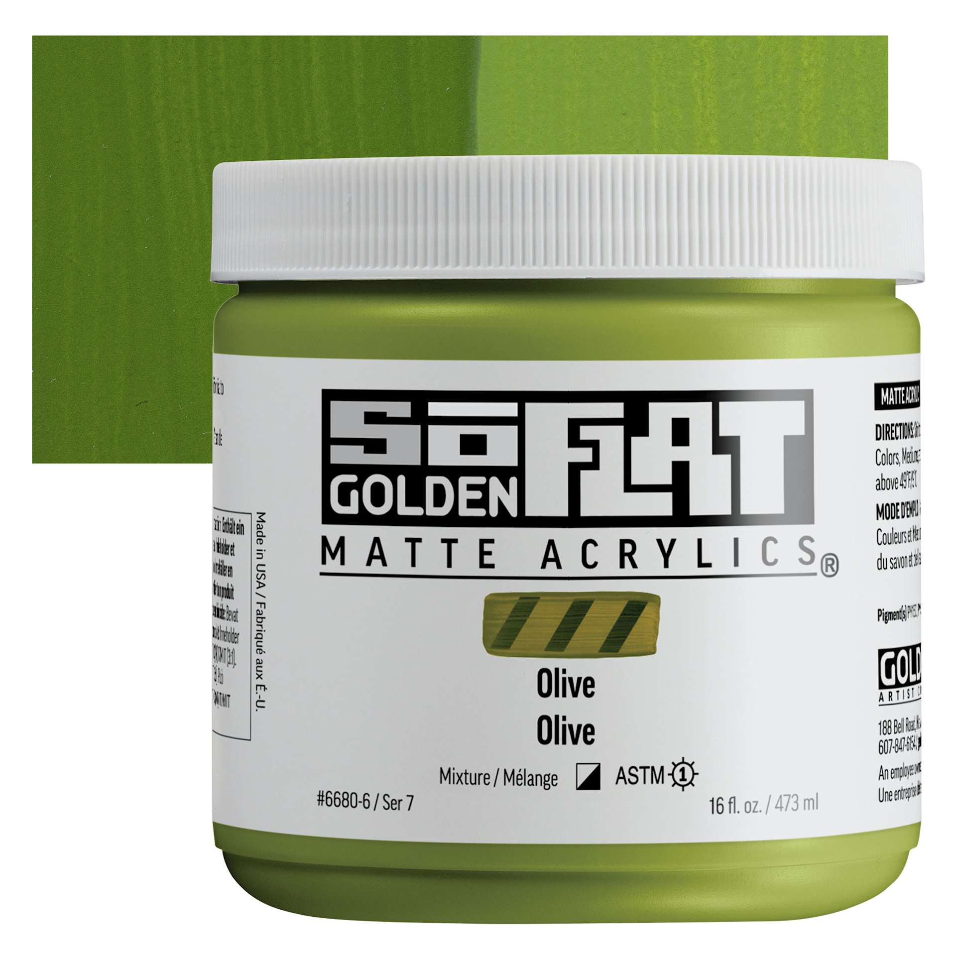Golden SoFlat Matte Acrylic Paint - Olive, 473 ml, Jar and swatch