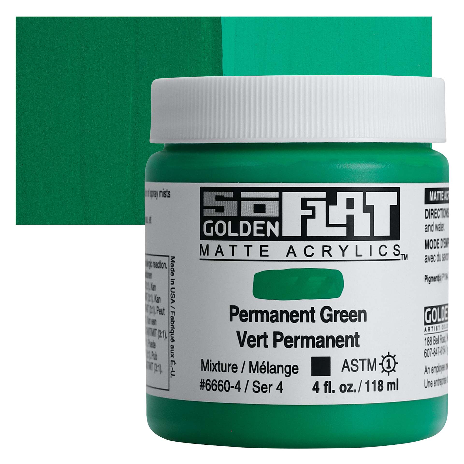 Golden SoFlat Matte Acrylic Paint - Permanent Green, 118 ml, Jar and swatch