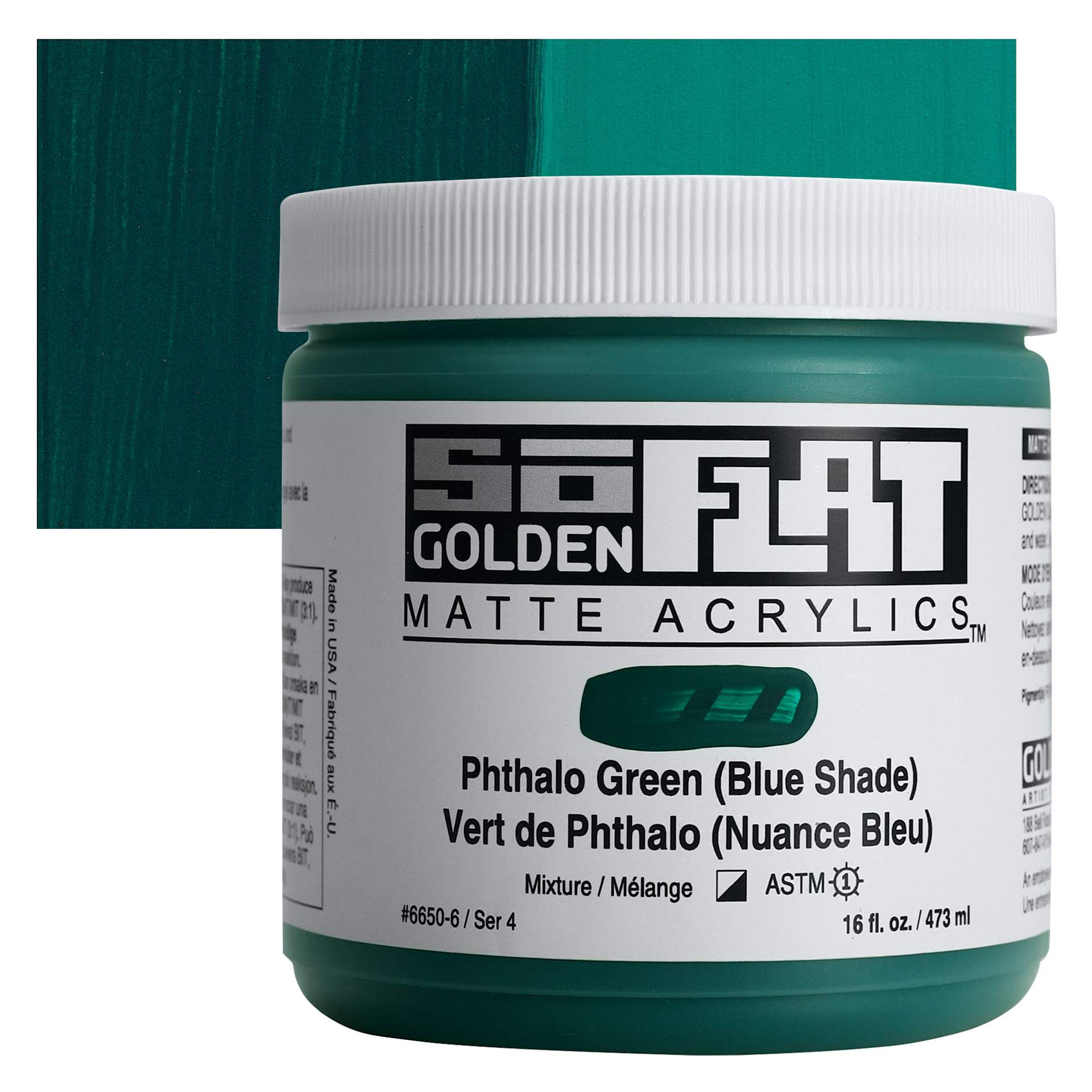 Golden SoFlat Matte Acrylic Paint - Phthalo Green (Blue Shade), 473 ml, Jar and swatch