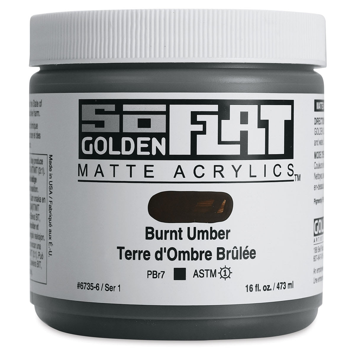 Golden SoFlat Matte Acrylic Paint - Burnt Umber, 473 ml, Jar
