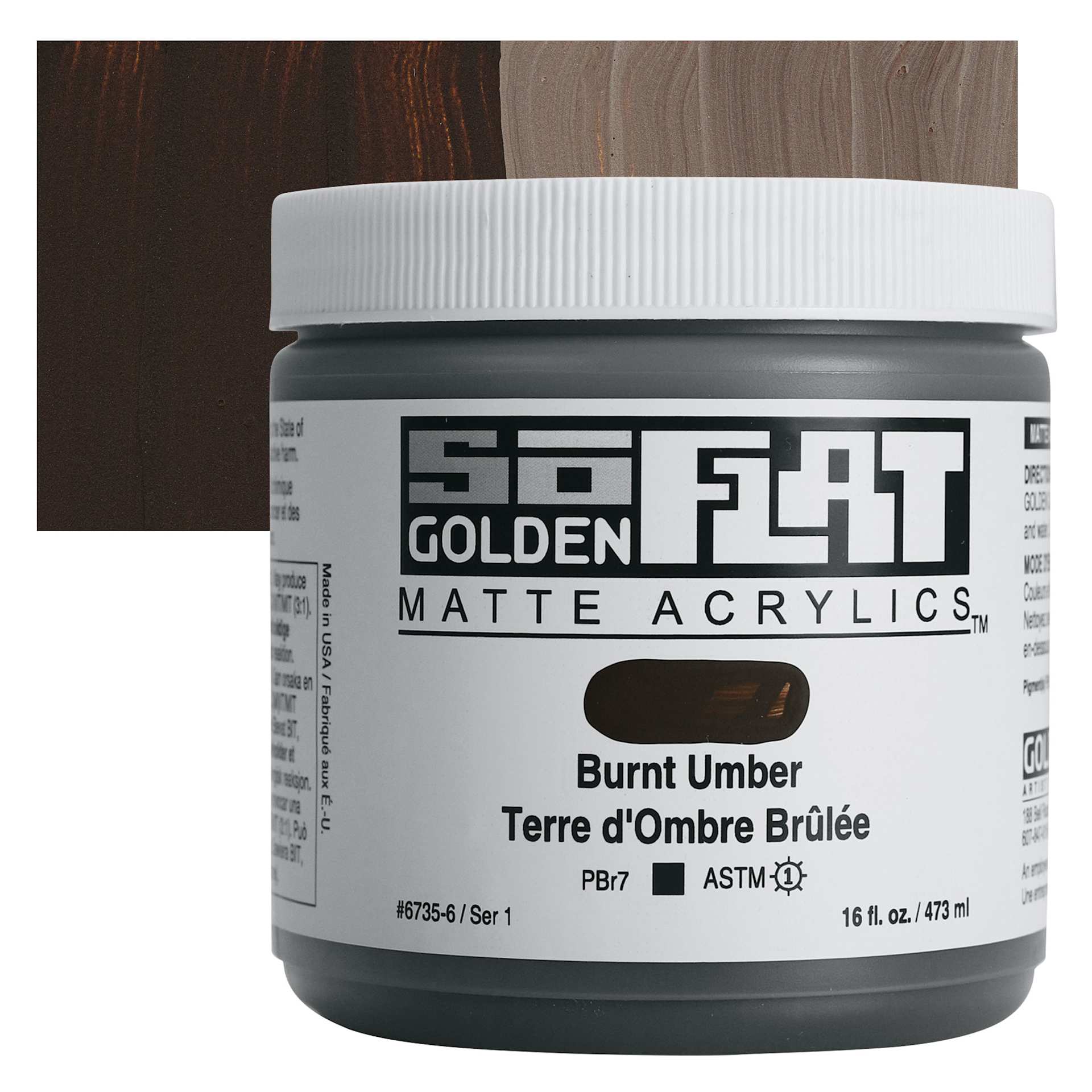 Golden SoFlat Matte Acrylic Paint - Burnt Umber, 473 ml, Jar and swatch