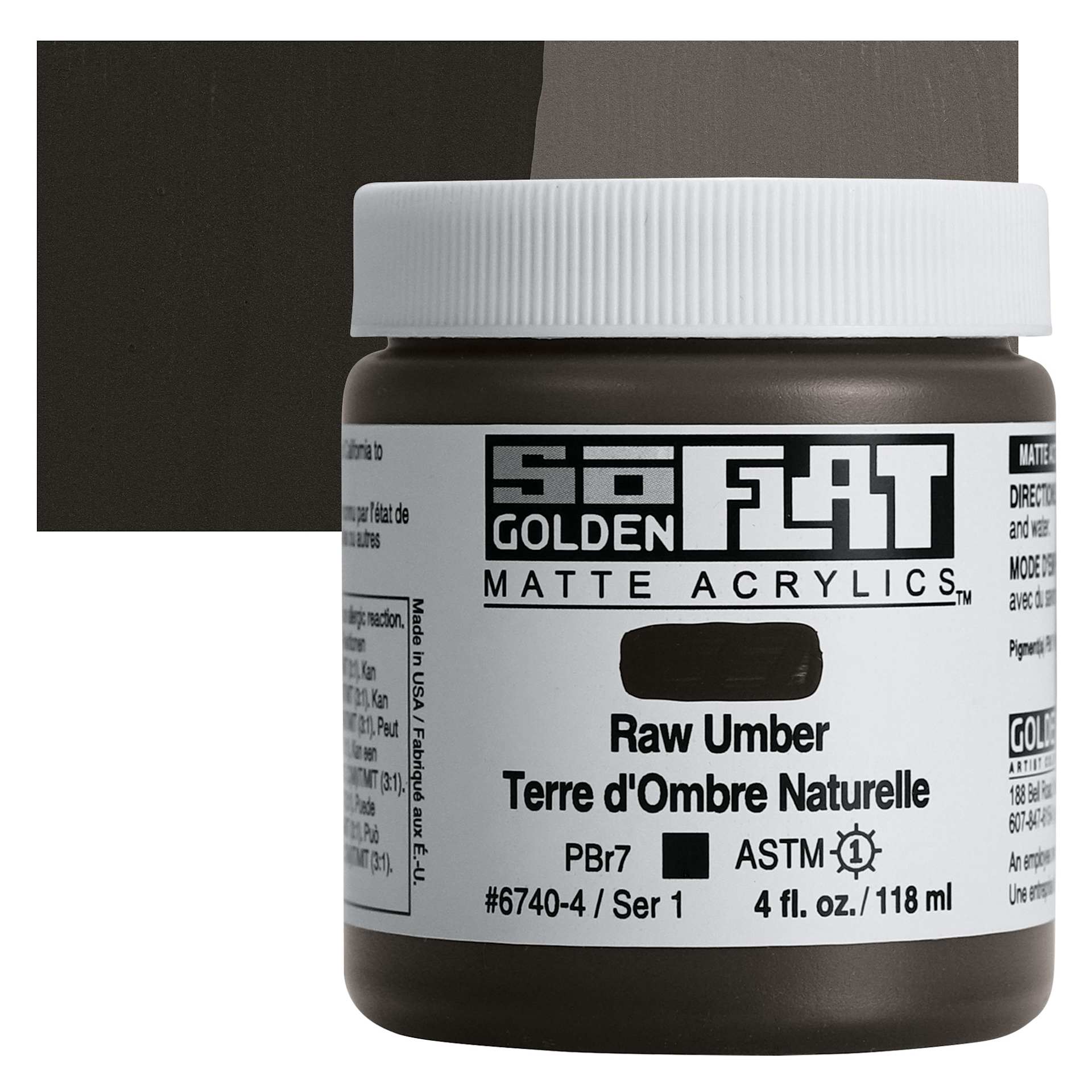 Golden SoFlat Matte Acrylic Paint - Raw Umber, 118 ml, Jar and swatch