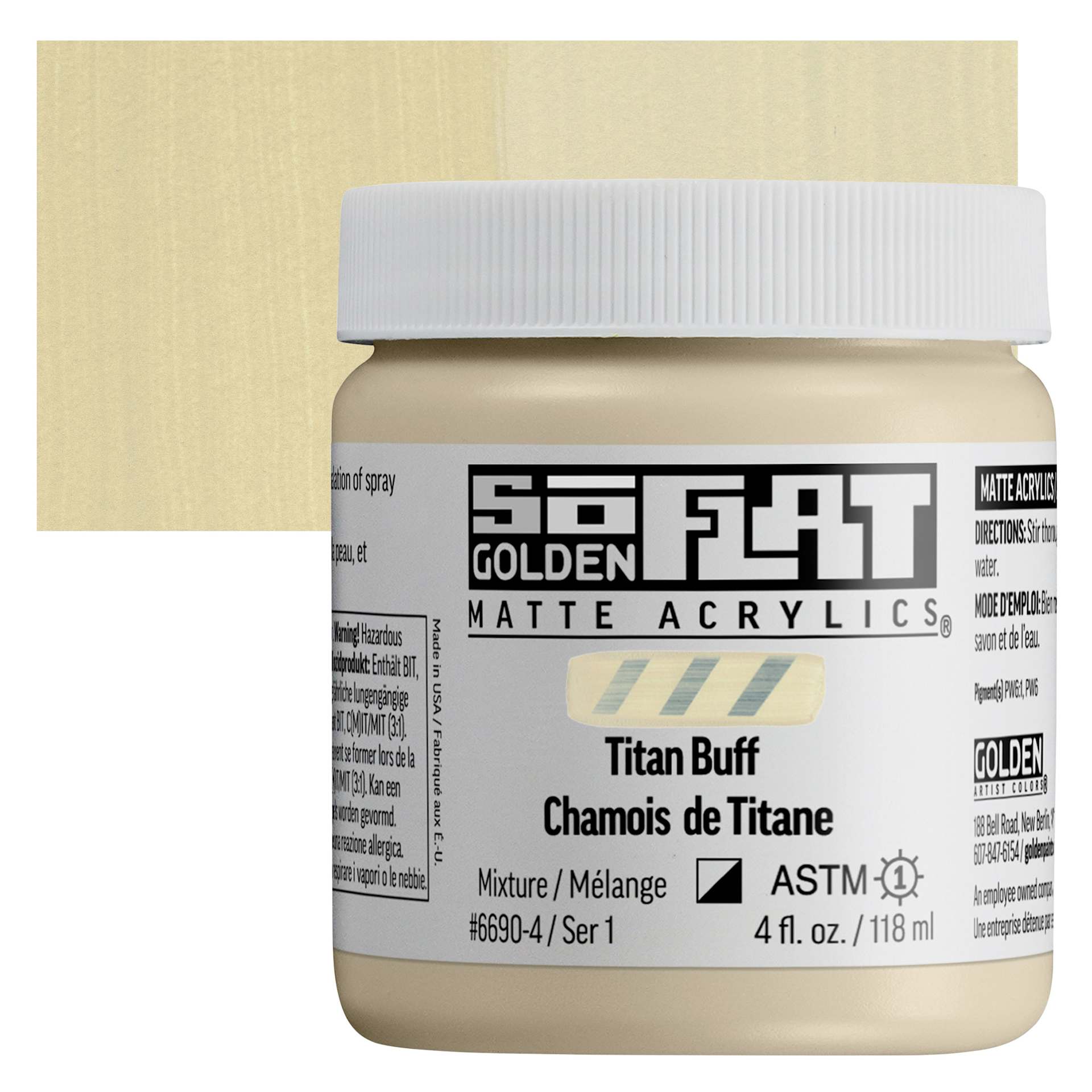 Golden SoFlat Matte Acrylic Paint - Titan Buff, 118 ml, Jar and swatch