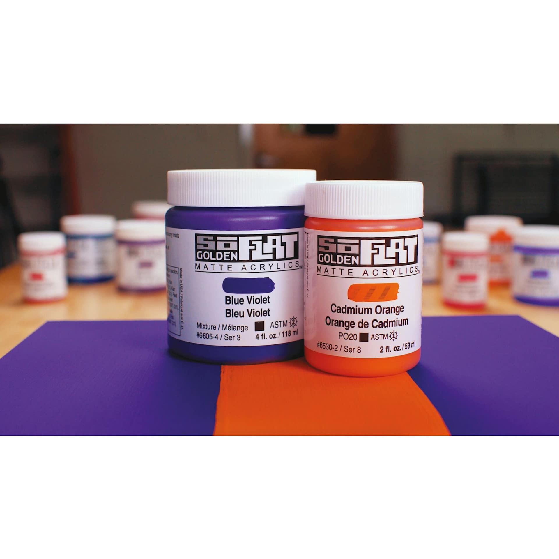 Golden SoFlat Matte Acrylic Paints (Blue Violet 4 oz and Cadmium Orange 2 oz)