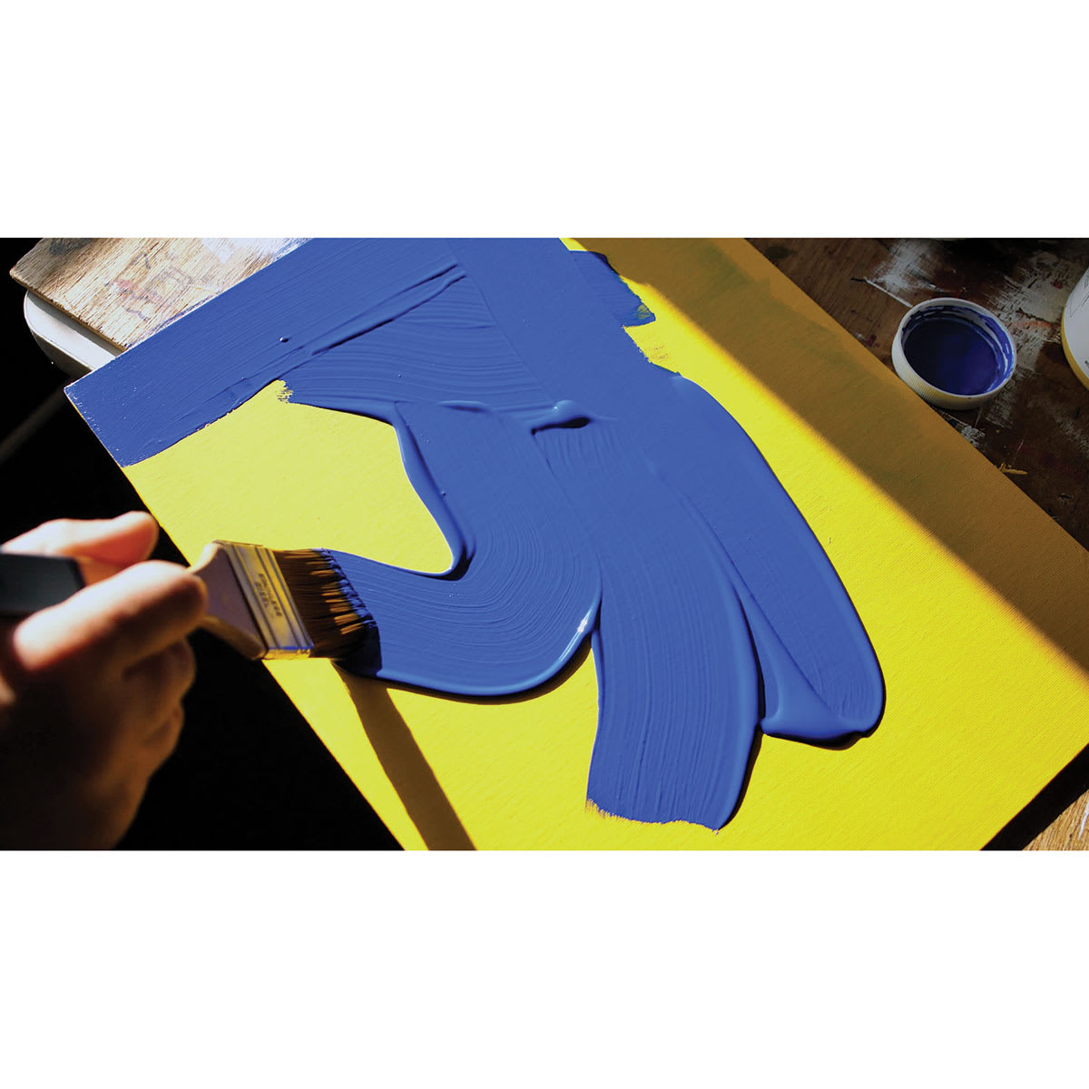 Golden SoFlat Matte Acrylic Paints (Blue paint on yellow painted panel)