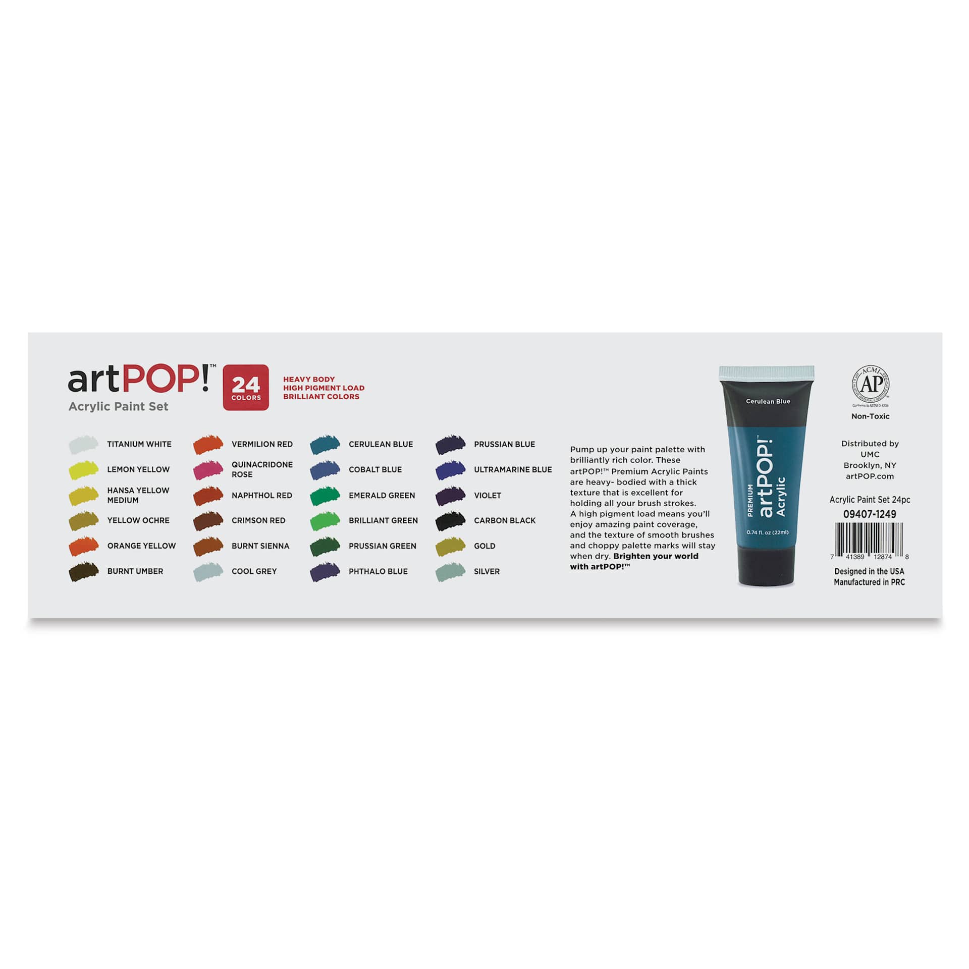 artPOP! Heavy Body Acrylic Set - Set of 24, 22 ml Tubes (Back of packaging)