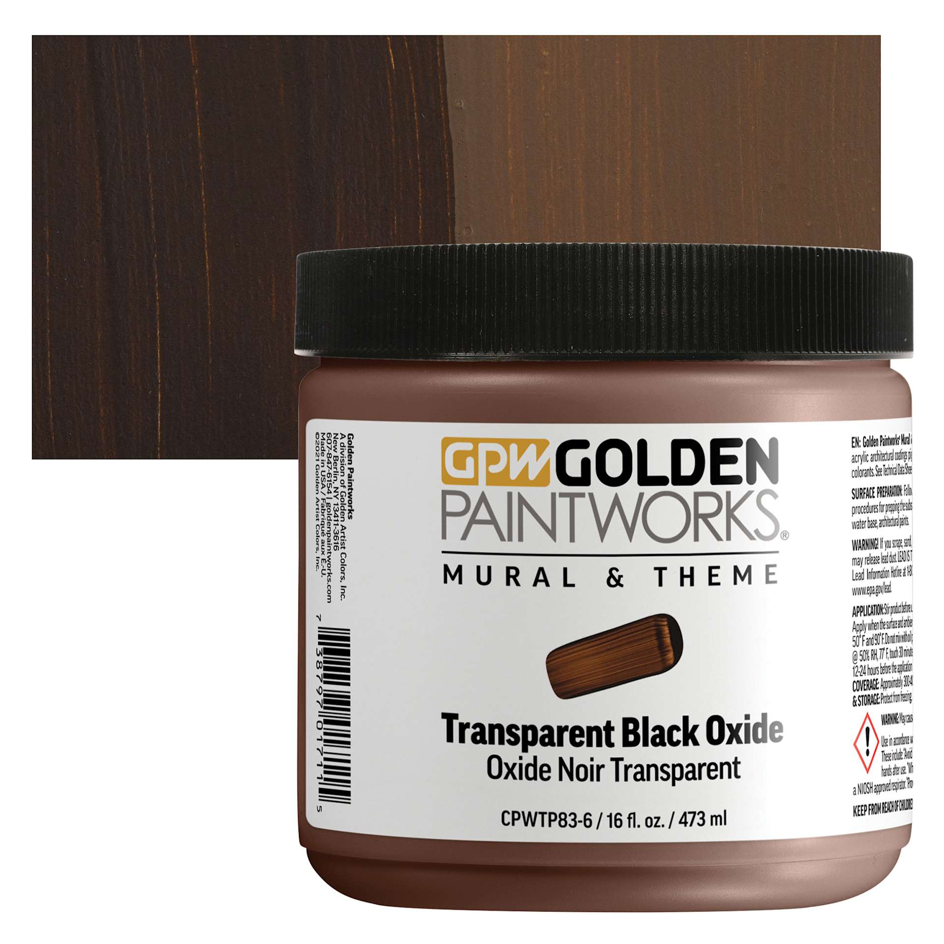Golden Paintworks Mural and Theme Acrylic Paint - Transparent Black Oxide, 16 oz, Jar and swatch