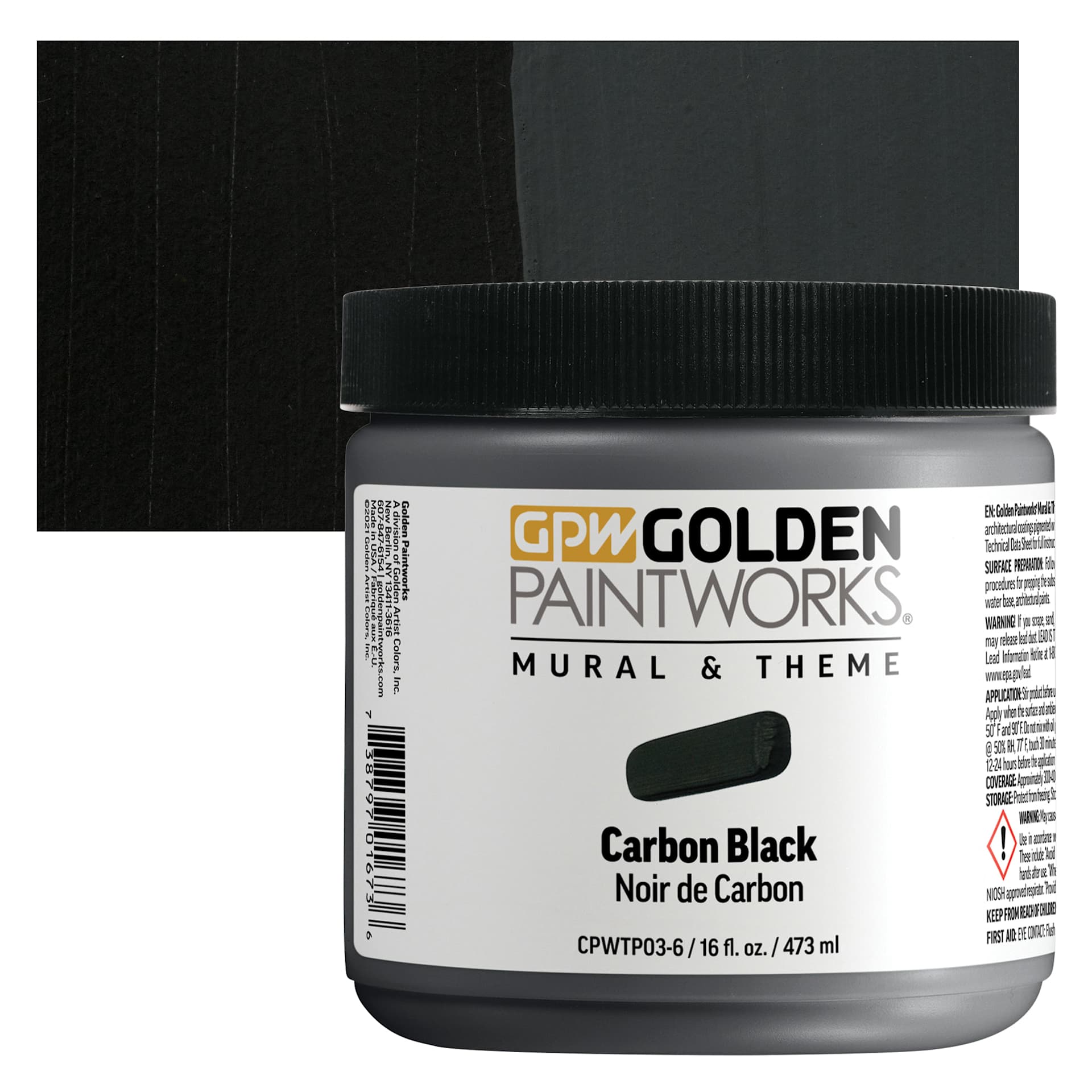 Golden Paintworks Mural and Theme Acrylic Paint - Carbon Black, 16 oz, Jar and swatch