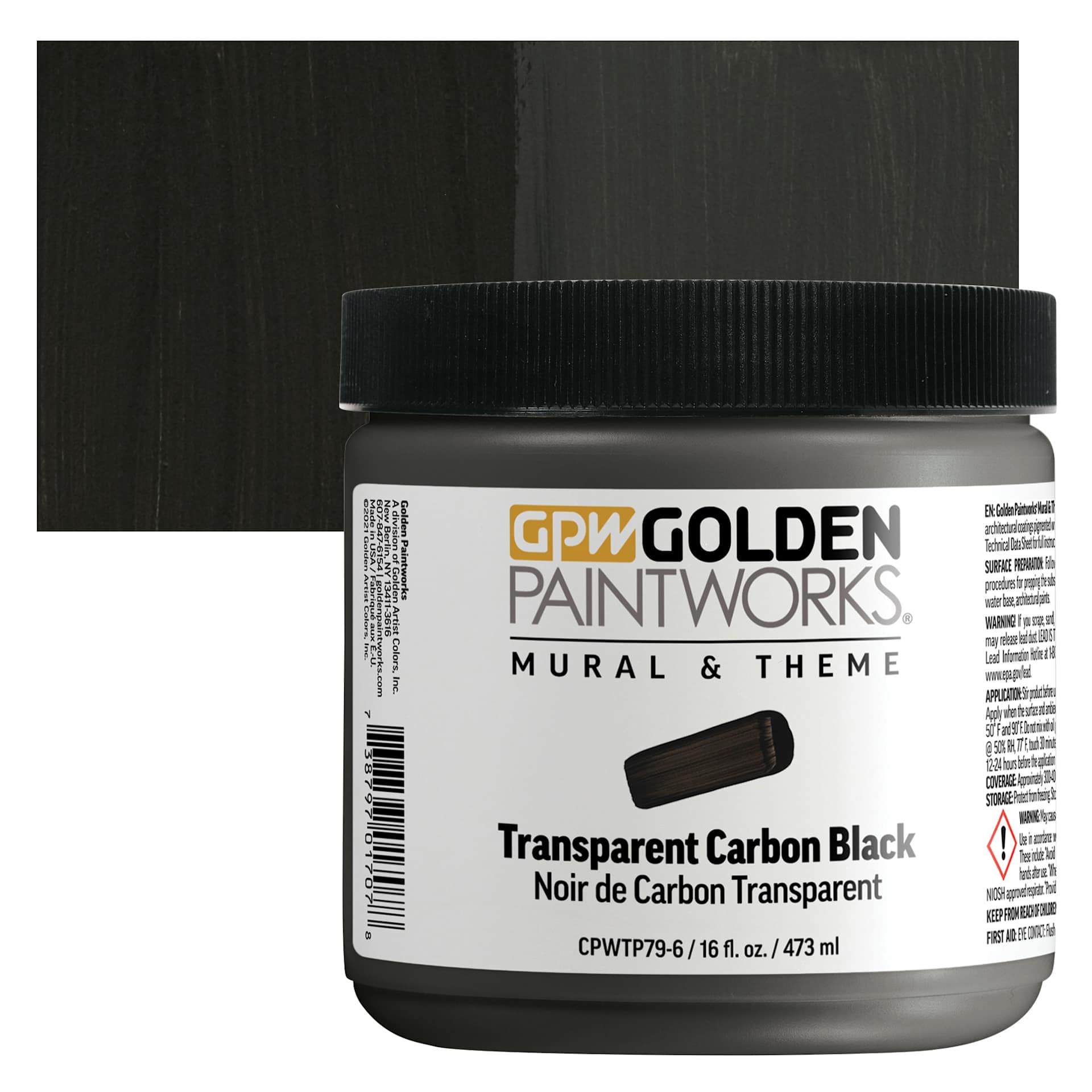 Golden Paintworks Mural and Theme Acrylic Paint - Transparent Carbon Black, 16 oz, Jar and swatch
