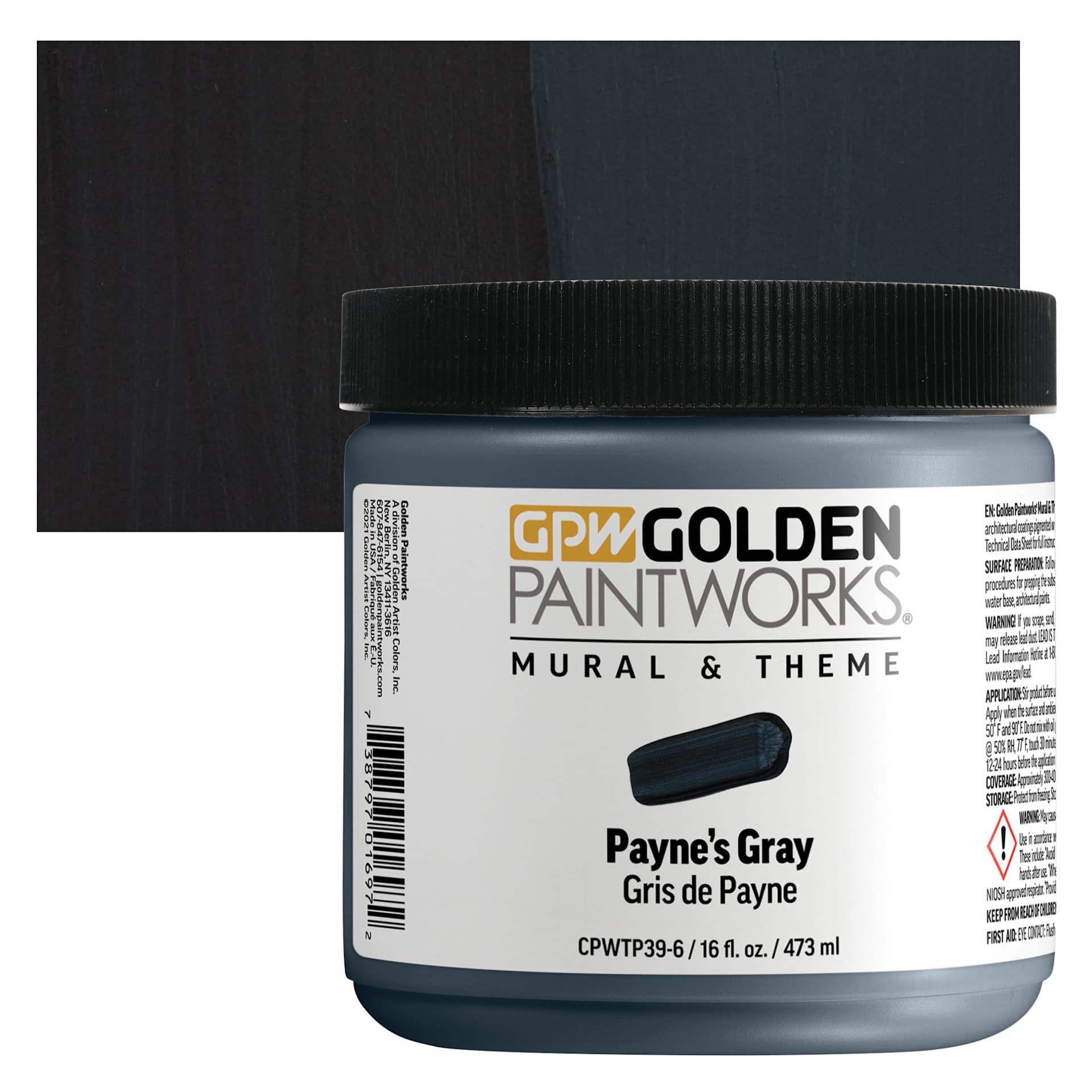 Golden Paintworks Mural and Theme Acrylic Paint - Payne's Gray, 16 oz, Jar and swatch