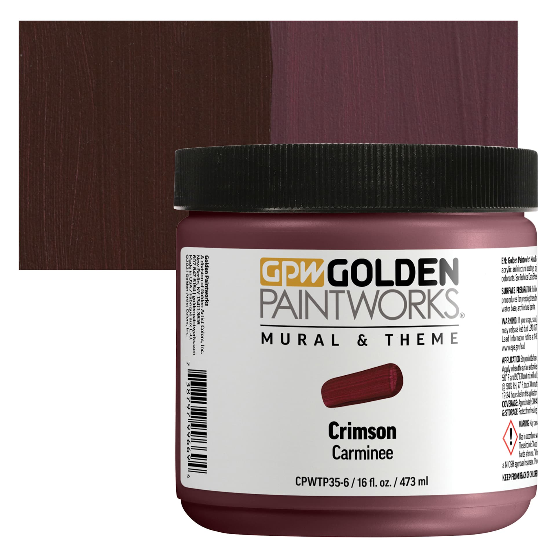 Golden Paintworks Mural and Theme Acrylic Paint - Crimson, 16 oz, Jar and swatch