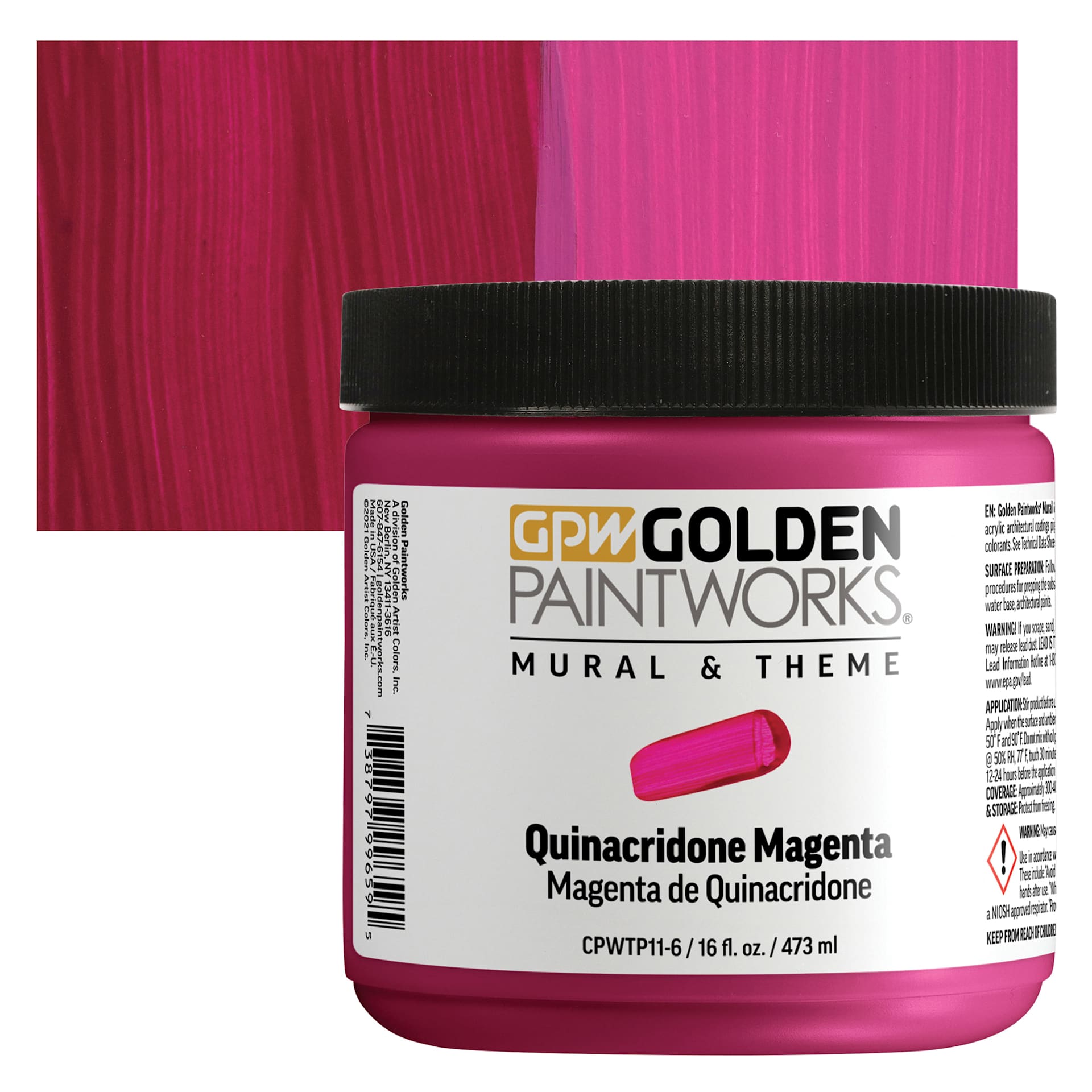 Golden Paintworks Mural and Theme Acrylic Paint - Quinacridone Magenta, 16 oz, Jar and swatch