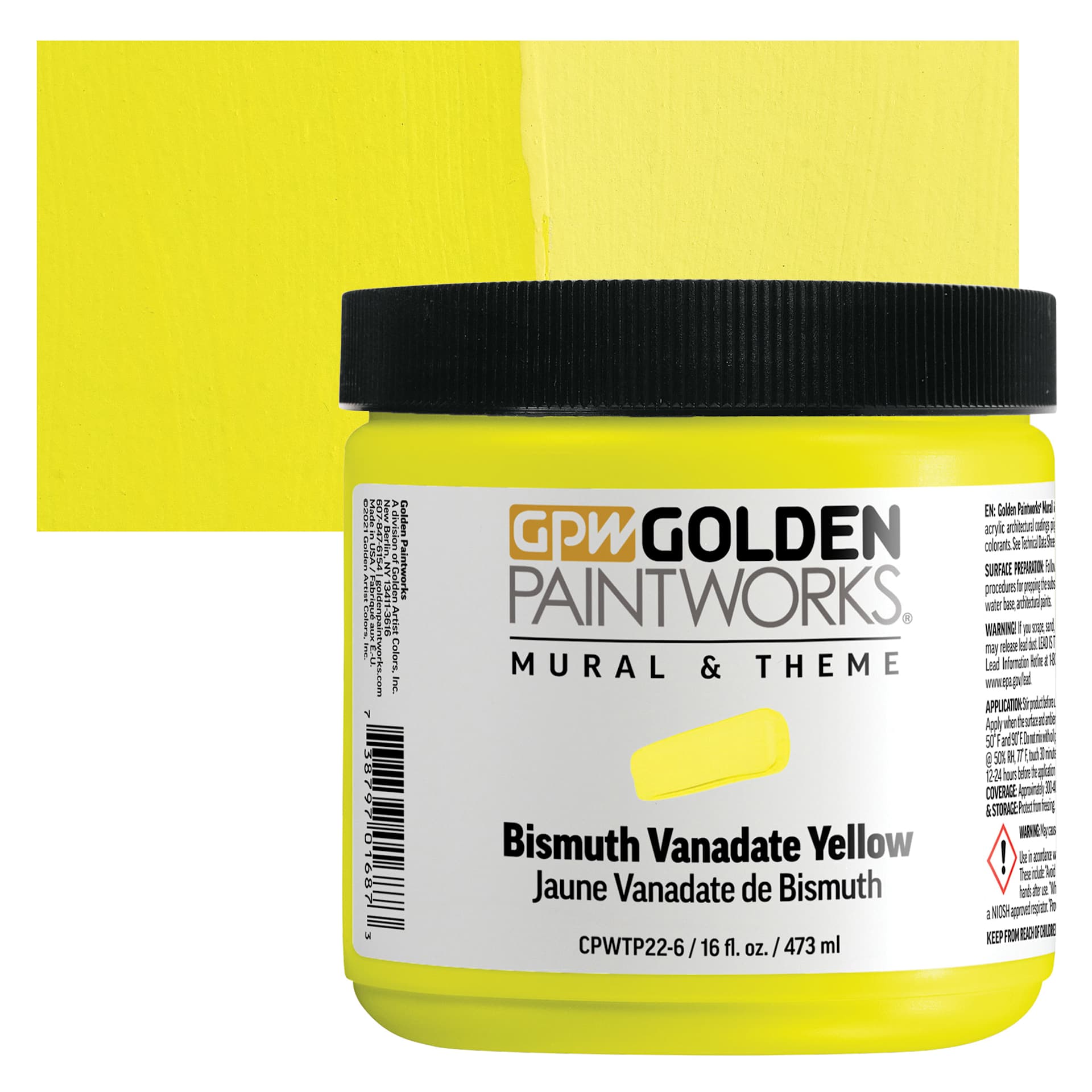 Golden Paintworks Mural and Theme Acrylic Paint - Bismuth Vanadate Yellow, 16 oz, Jar and swatch