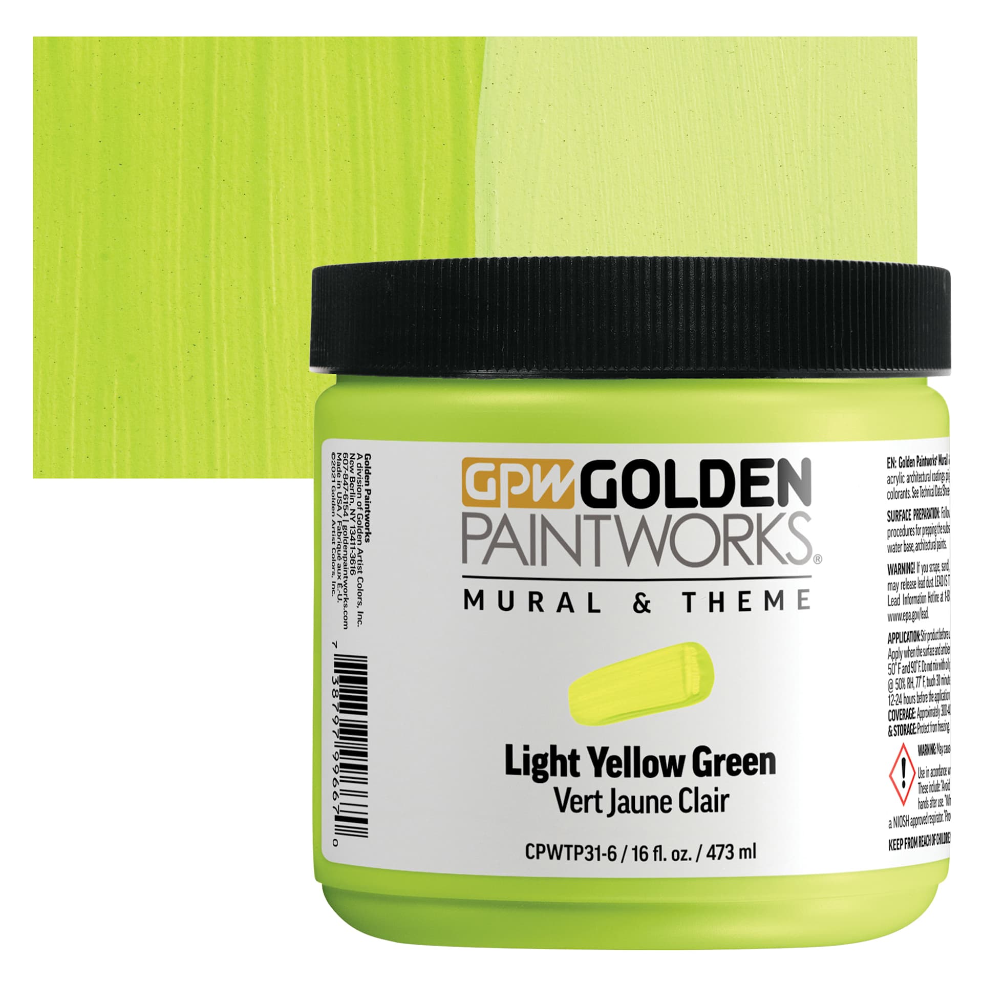 Golden Paintworks Mural and Theme Acrylic Paint - Light Yellow Green, 16 oz, Jar and swatch