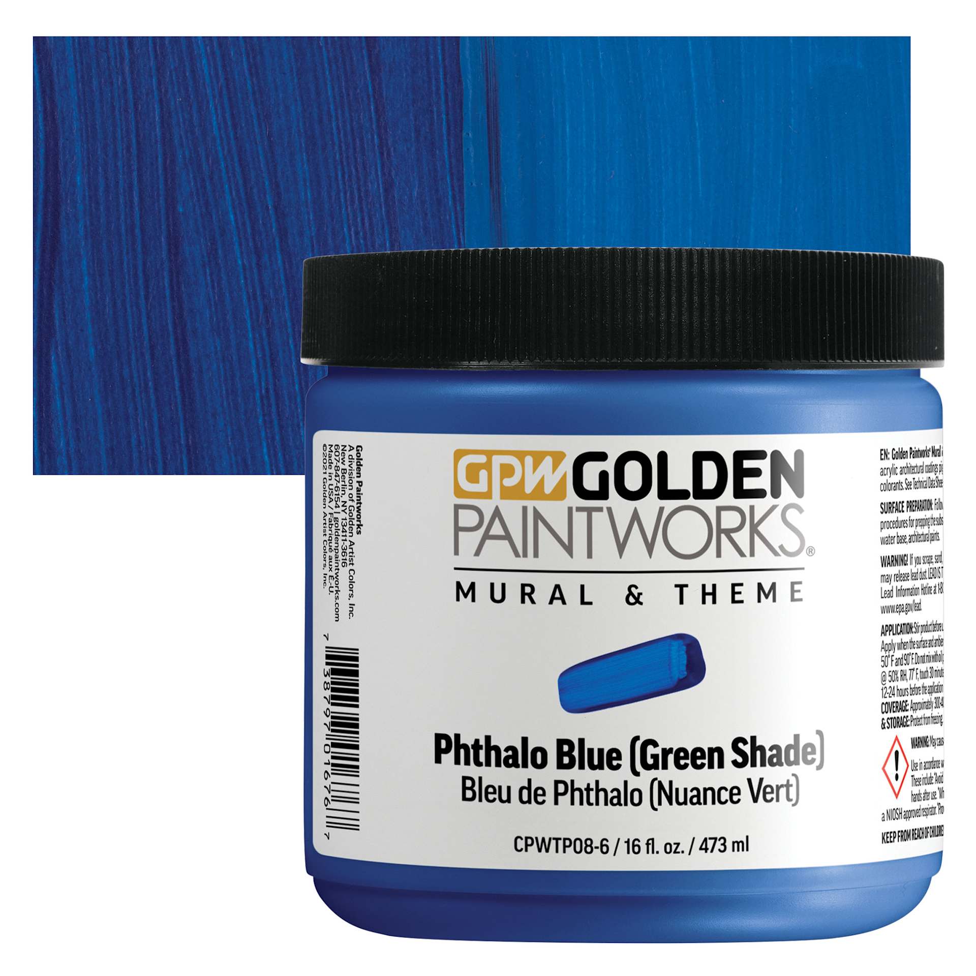 Golden Paintworks Mural and Theme Acrylic Paint - Phthalo Blue (Green Shade), 16 oz, Jar and swatch