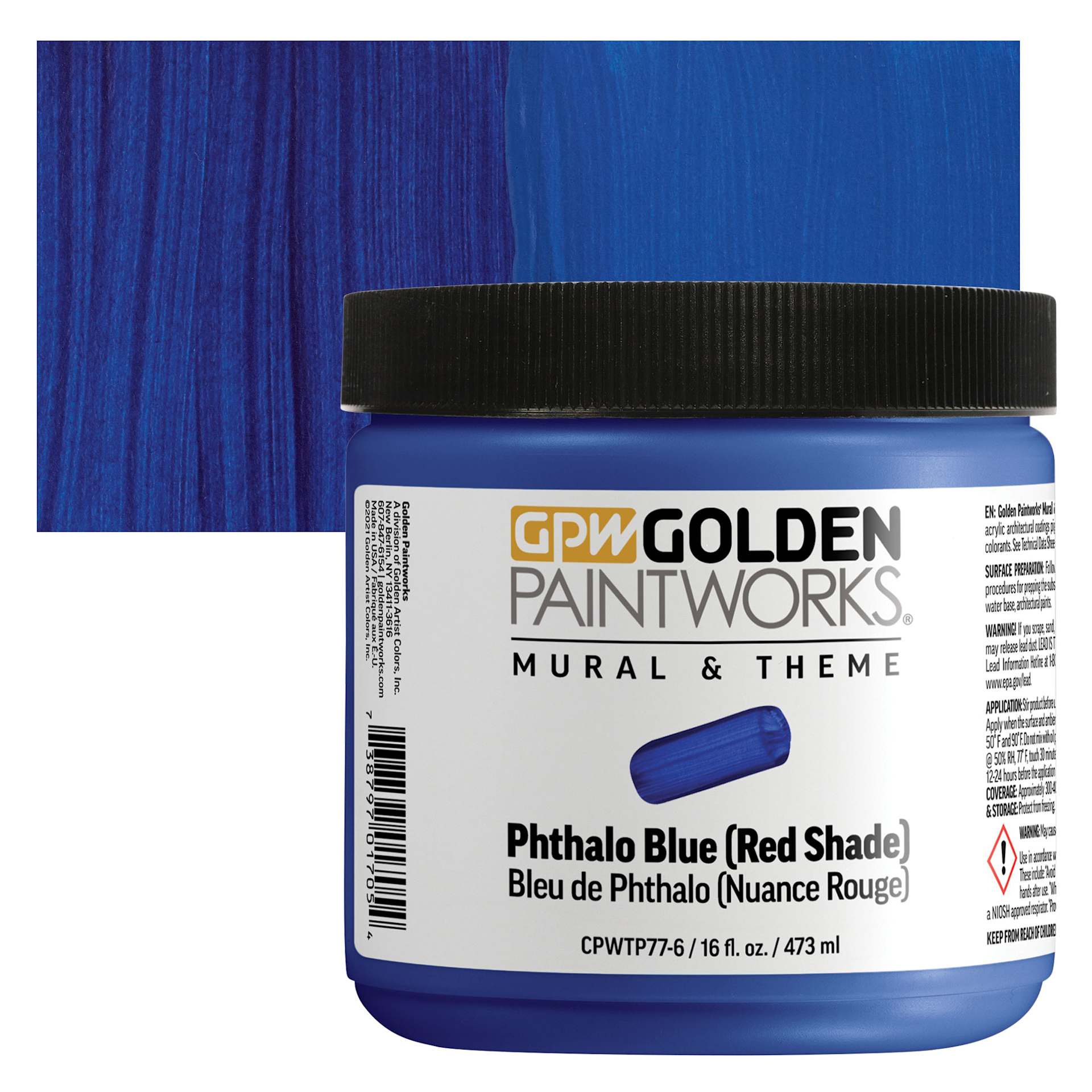 Golden Paintworks Mural and Theme Acrylic Paint - Phthalo Blue (Red Shade), 16 oz, Jar and swatch