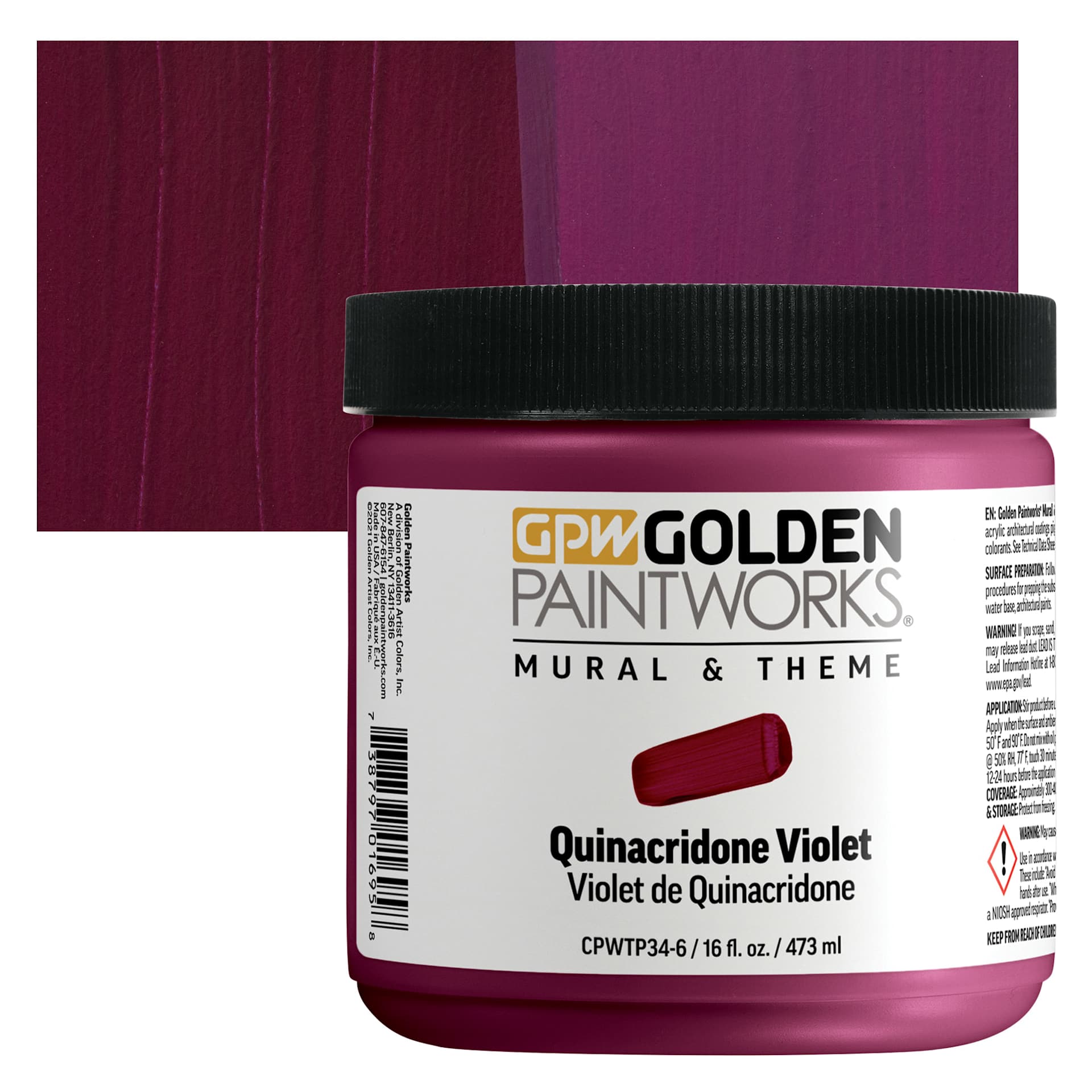 Golden Paintworks Mural and Theme Acrylic Paint - Quinacridone Violet, 16 oz, Jar and swatch