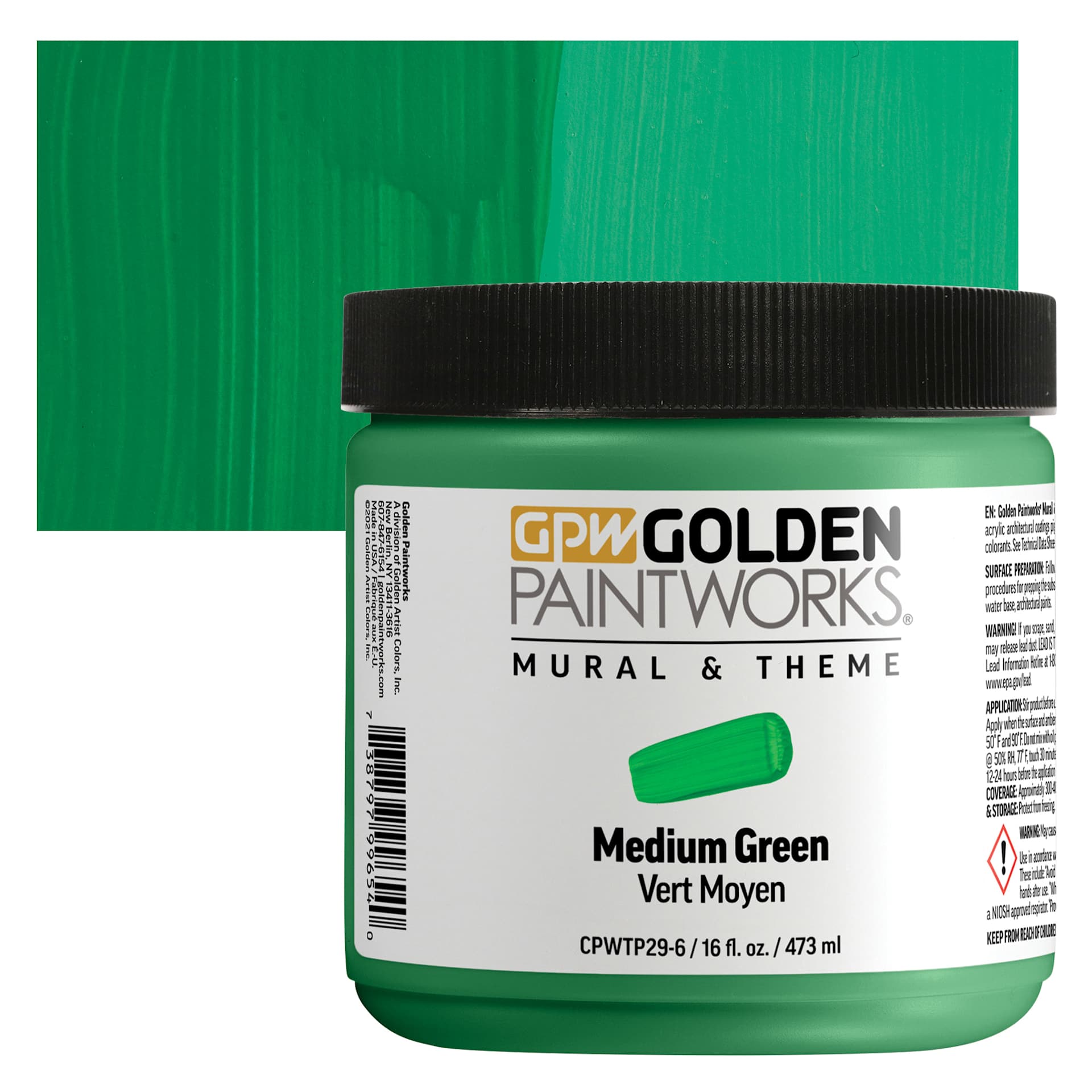 Golden Paintworks Mural and Theme Acrylic Paint - Medium Green, 16 oz, Jar and swatch