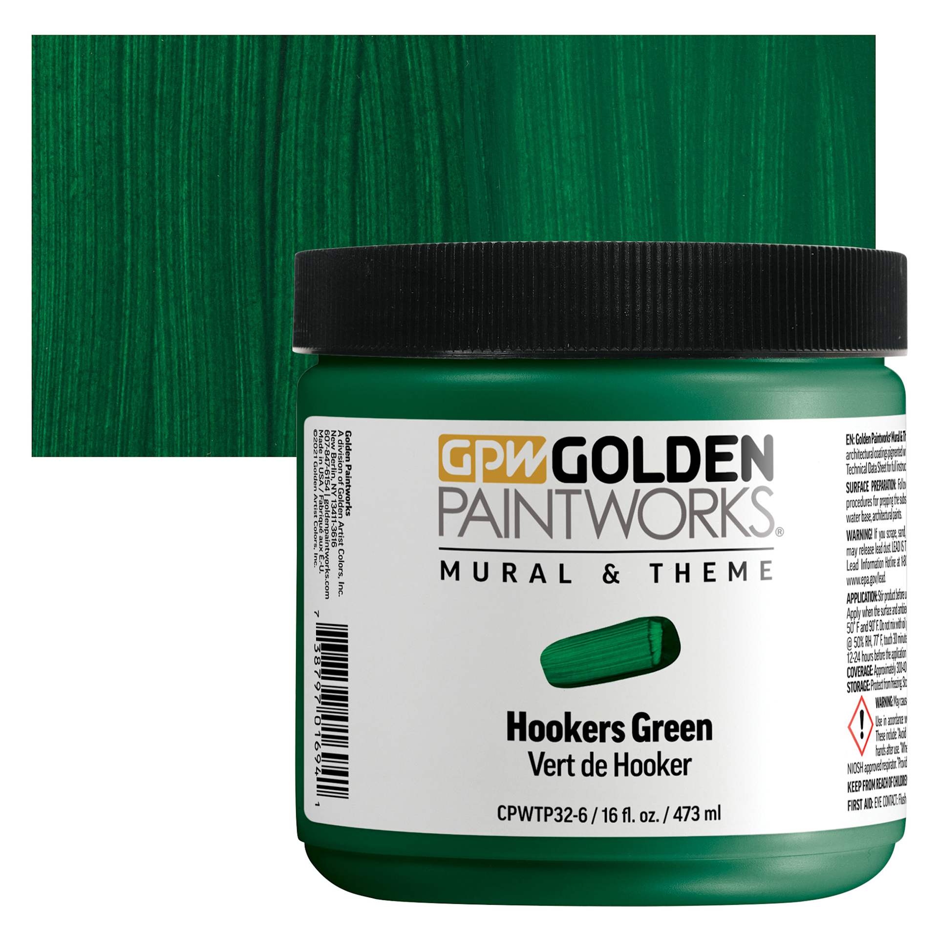 Golden Paintworks Mural and Theme Acrylic Paint - Hookers Green, 16 oz, Jar and swatch