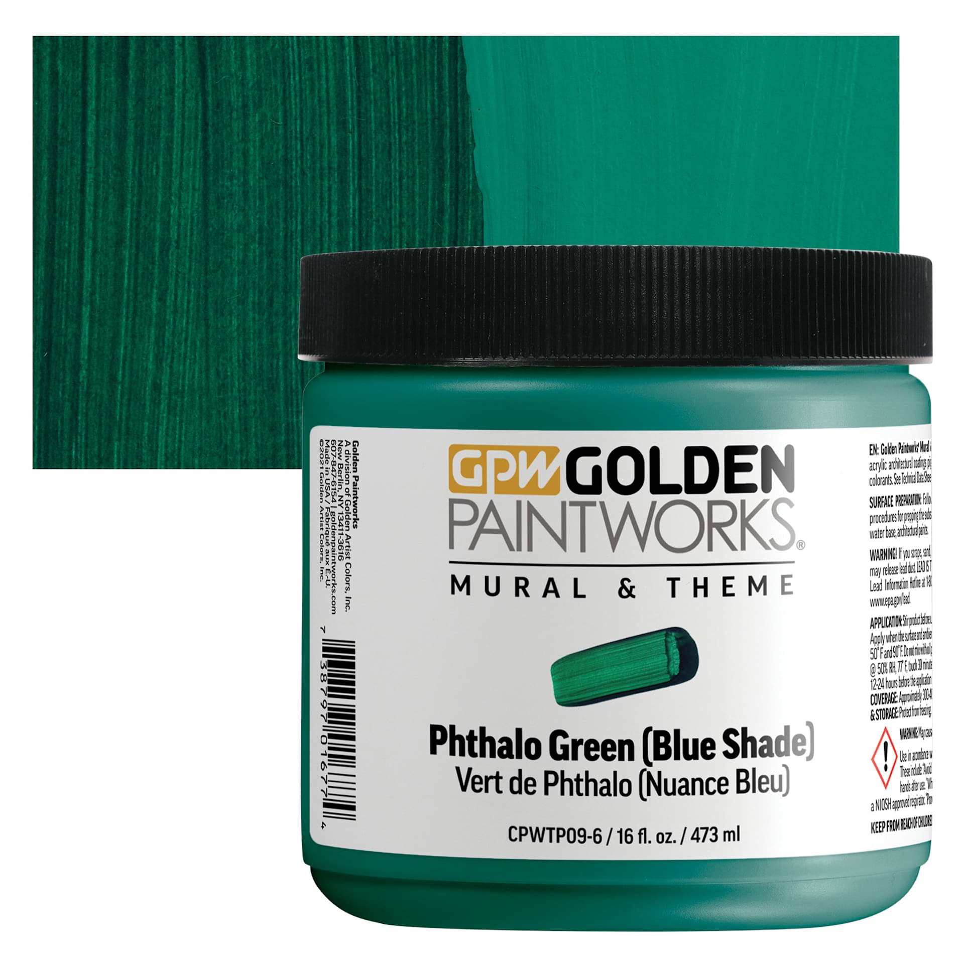 Golden Paintworks Mural and Theme Acrylic Paint - Phthalo Green (Blue Shade), 16 oz, Jar and swatch