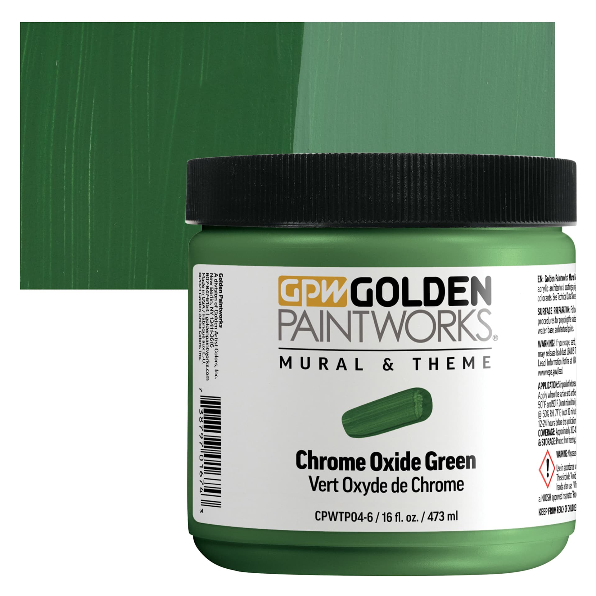 Golden Paintworks Mural and Theme Acrylic Paint - Chrome Oxide Green, 16 oz, Jar and swatch