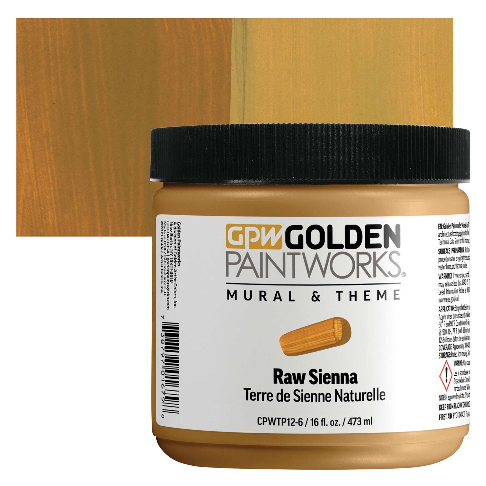 Golden Paintworks Mural and Theme Acrylic Paint - Raw Sienna, 16 oz, Jar and swatch