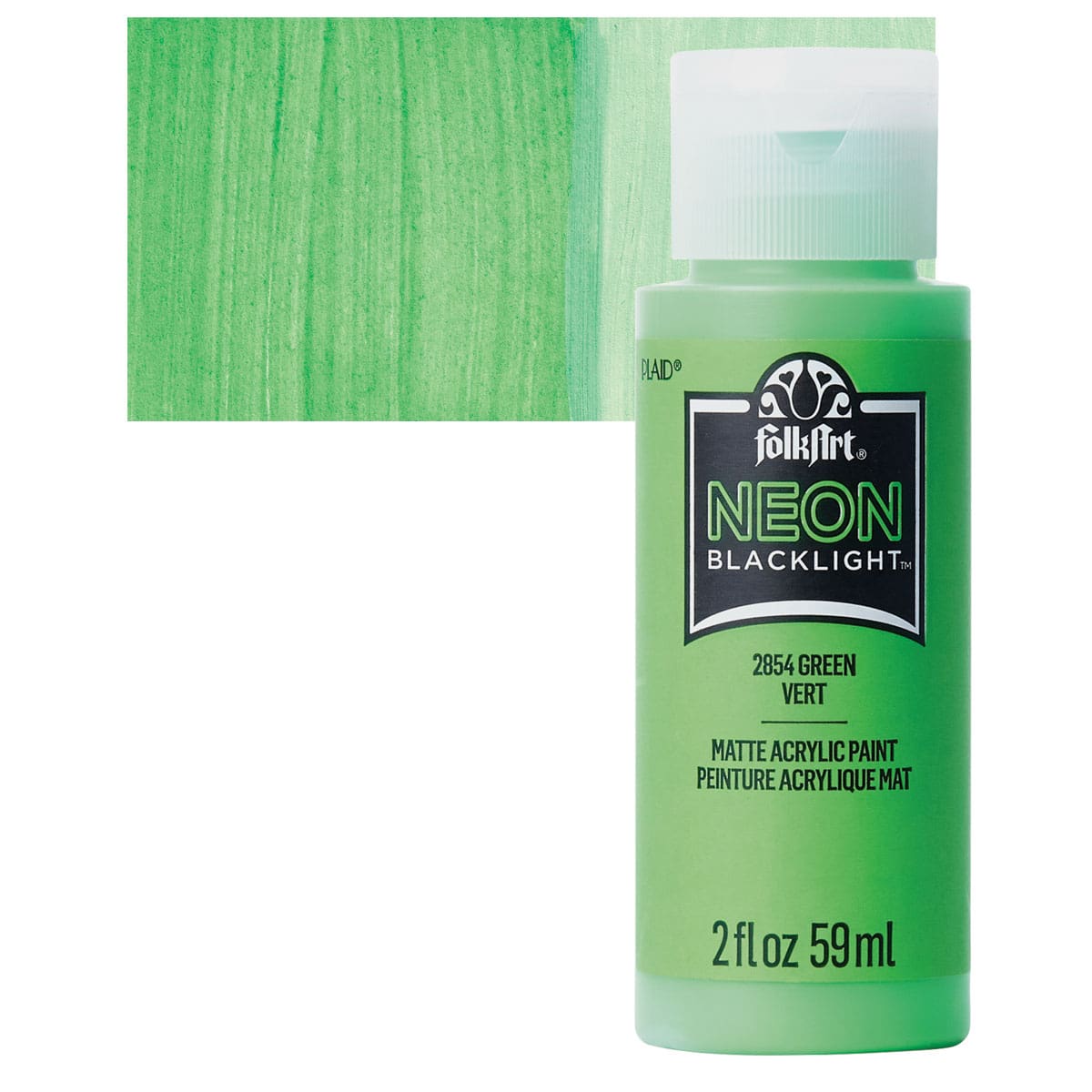 FolkArt Multi-Surface Neon Blacklight Acrylic Paint - Green, 2 oz, Bottle and swatch