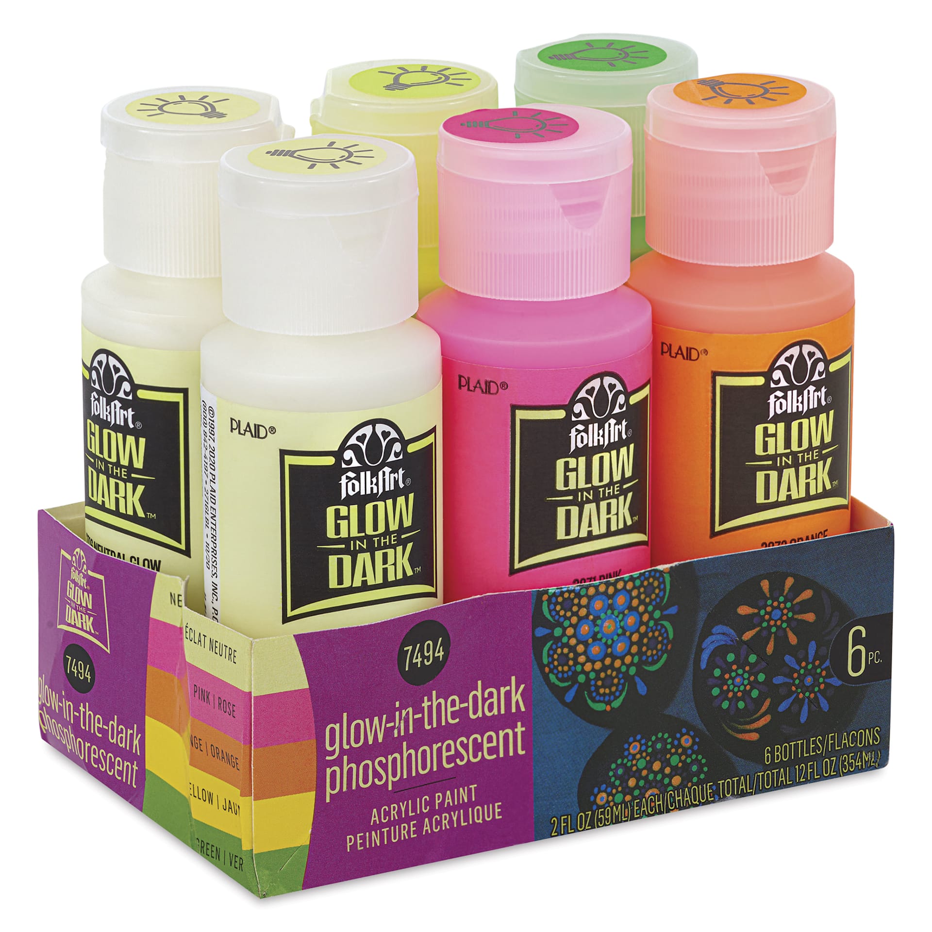 FolkArt Glow In The Dark Acrylic Paints - Set of 6, Assorted, 2 oz Bottles in package