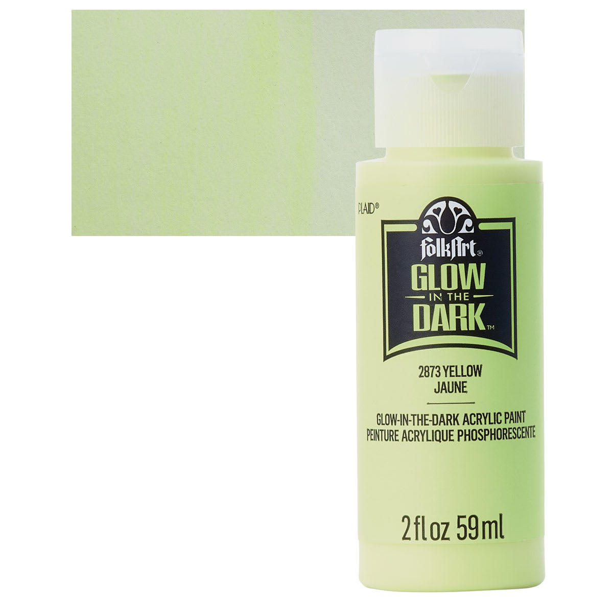 Plaid FolkArt Glow In The Dark Acrylic Paint - Yellow, 2 oz, Bottle and swatch