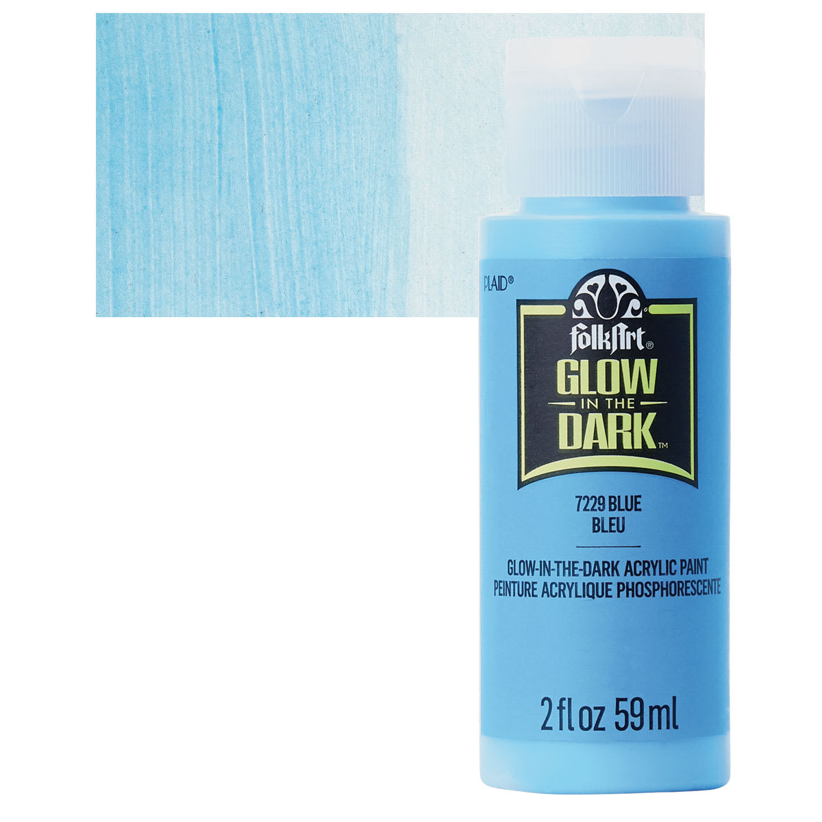 Plaid FolkArt Glow In The Dark Acrylic Paint - Blue, 2 oz, Bottle and swatch
