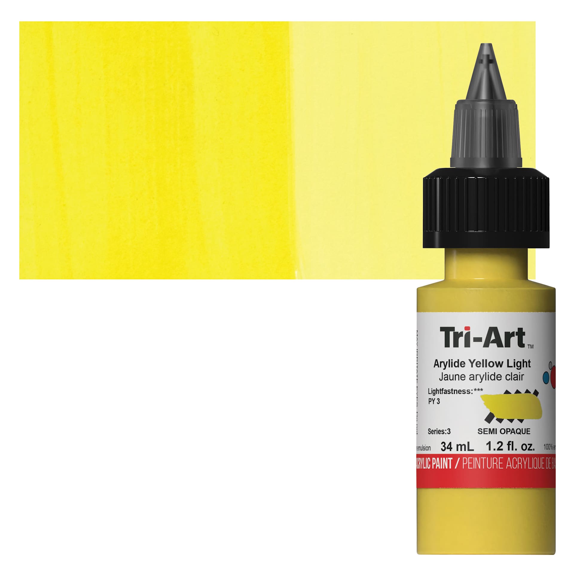 Tri-Art Low-Viscosity Artist Acrylic - Arylide Yellow Light, 34 ml Tube and swatch