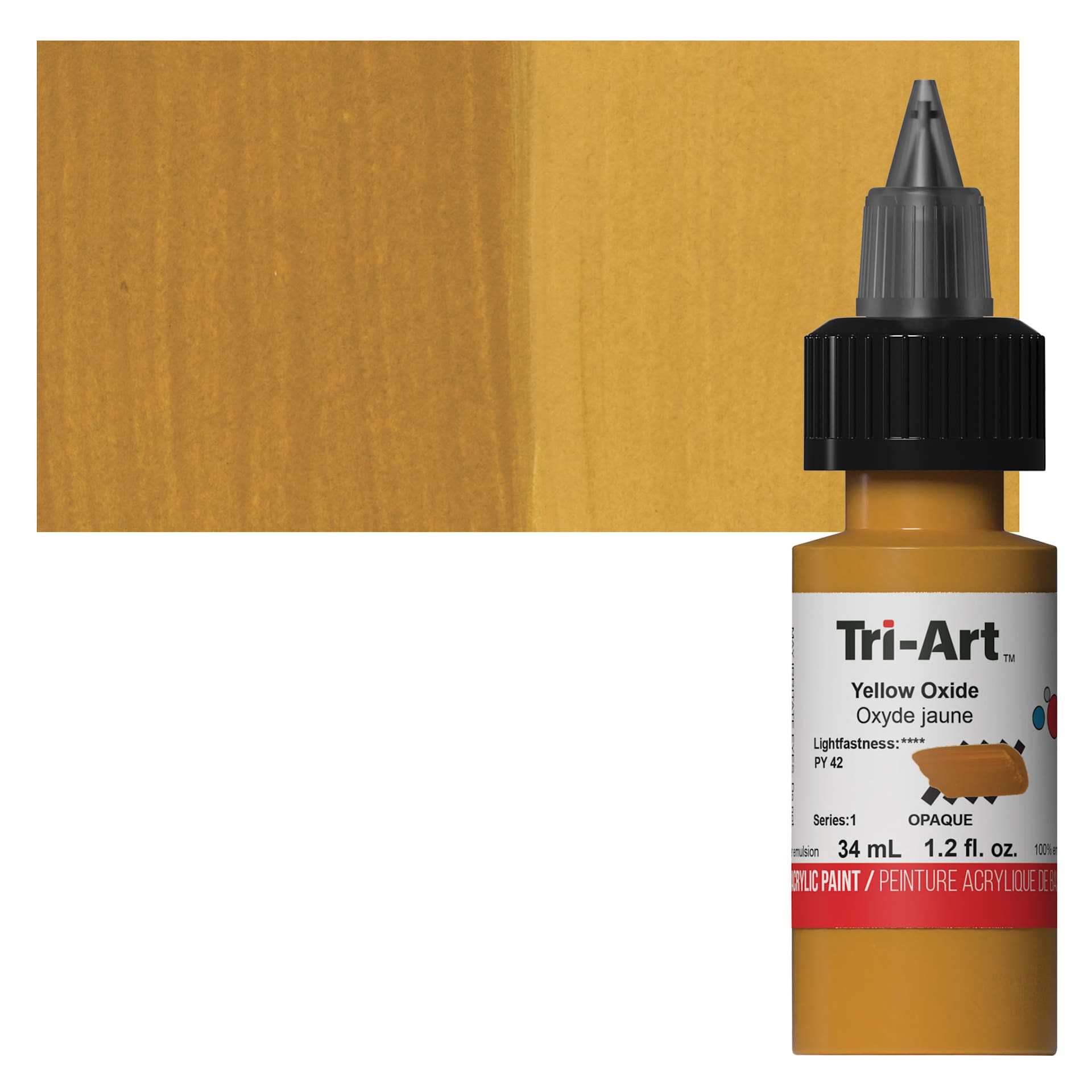 Tri-Art Low-Viscosity Artist Acrylic - Yellow Oxide, 34 ml Tube and swatch