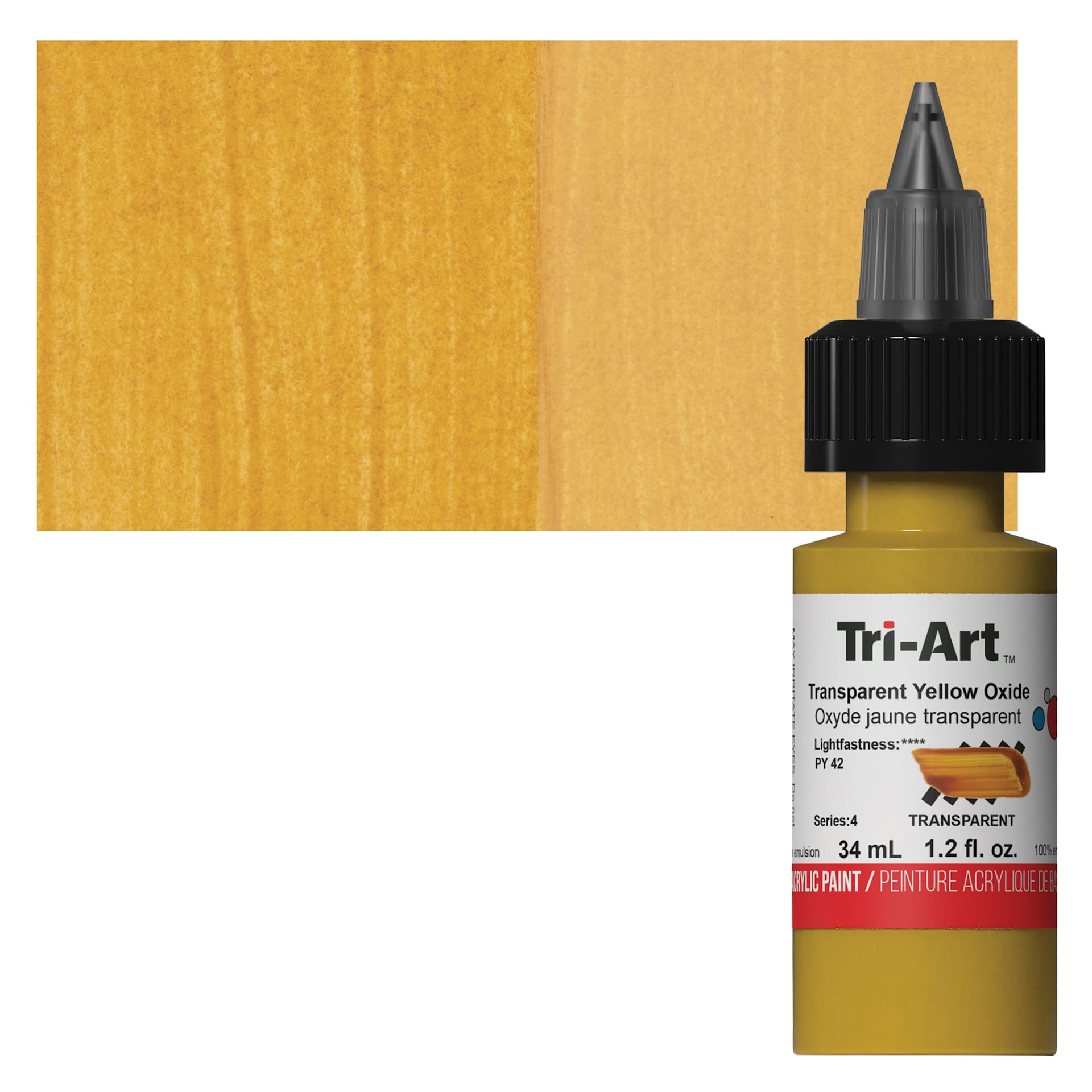 Tri-Art Low-Viscosity Artist Acrylic - Transparent Yellow Oxide tube and swatch