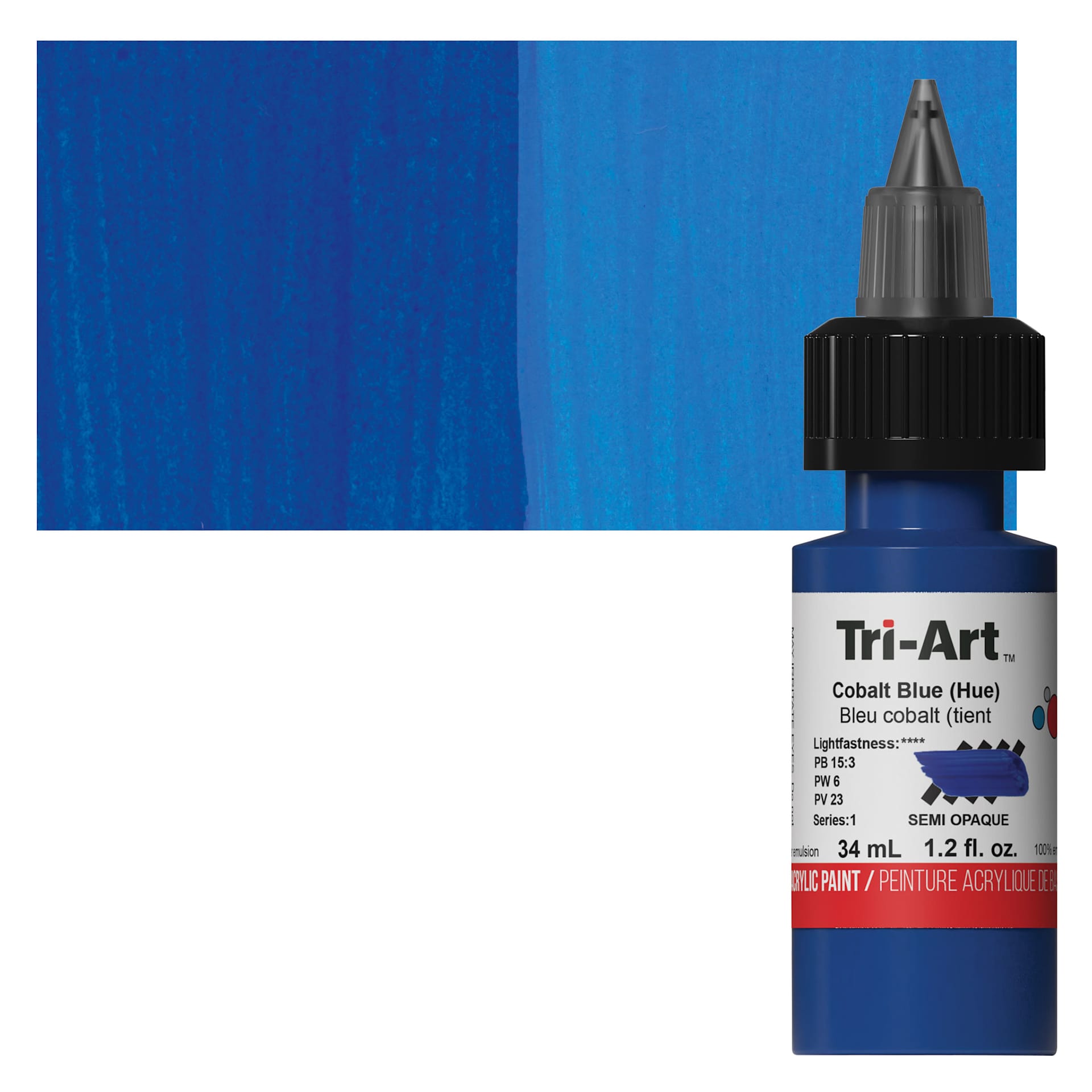Tri-Art Low-Viscosity Artist Acrylic - Cobalt Blue (Hue), 34 ml Tube and swatch
