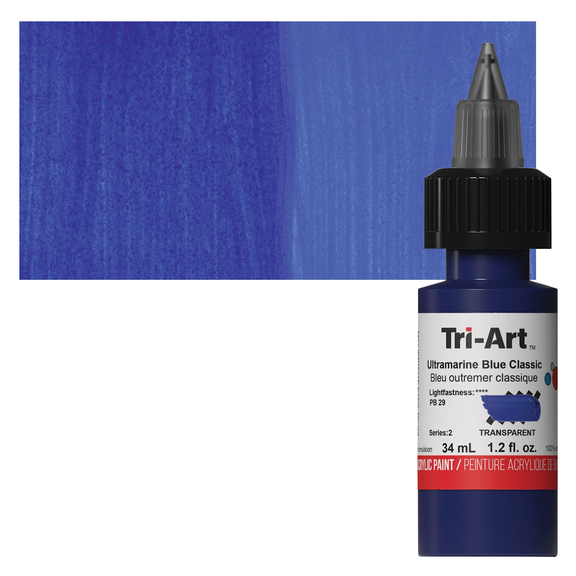 Tri-Art Low-Viscosity Artist Acrylic - Ultramarine Blue Classic, 34 ml Tube and swatch