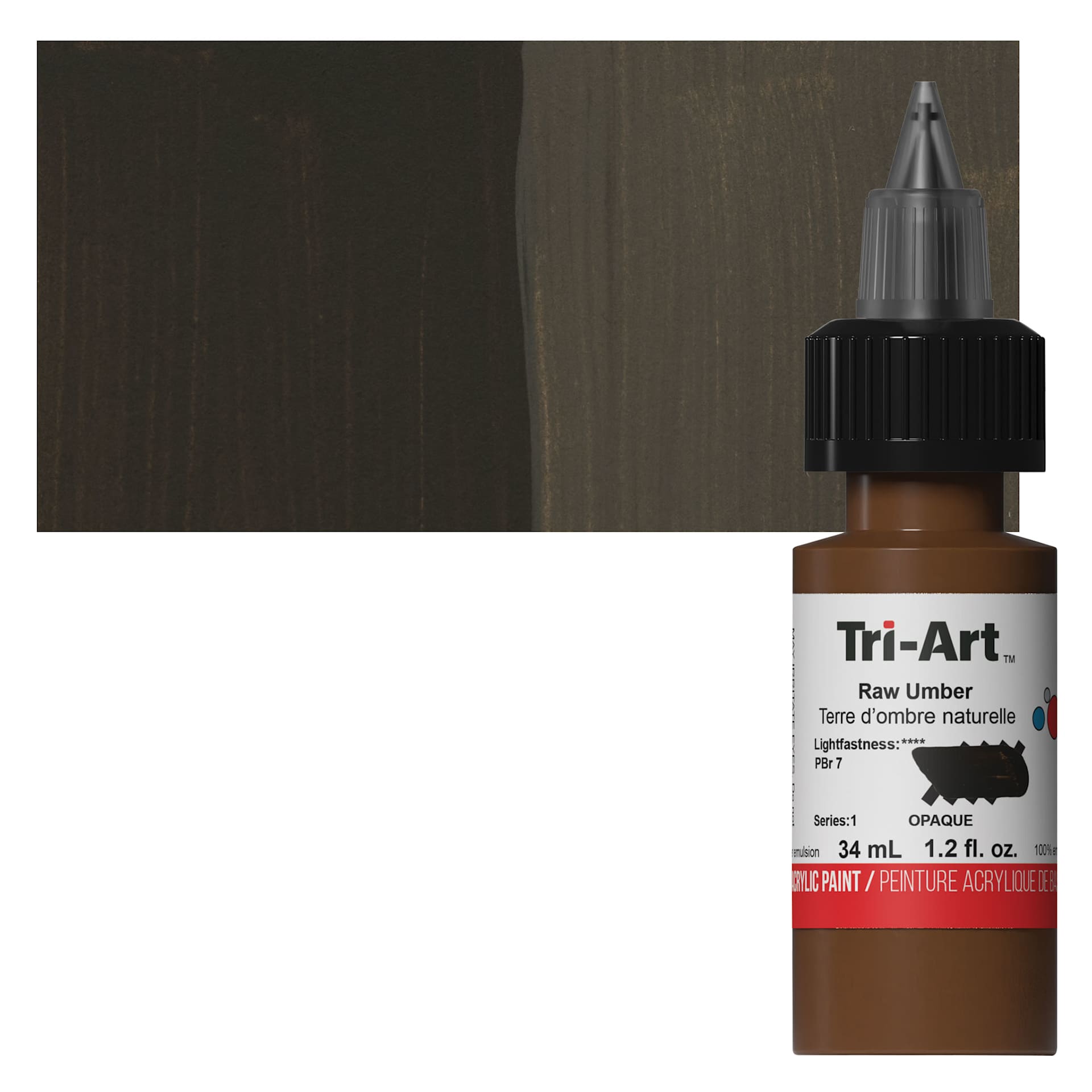 Tri-Art Low-Viscosity Artist Acrylic - Raw Umber, 34 ml Tube and swatch