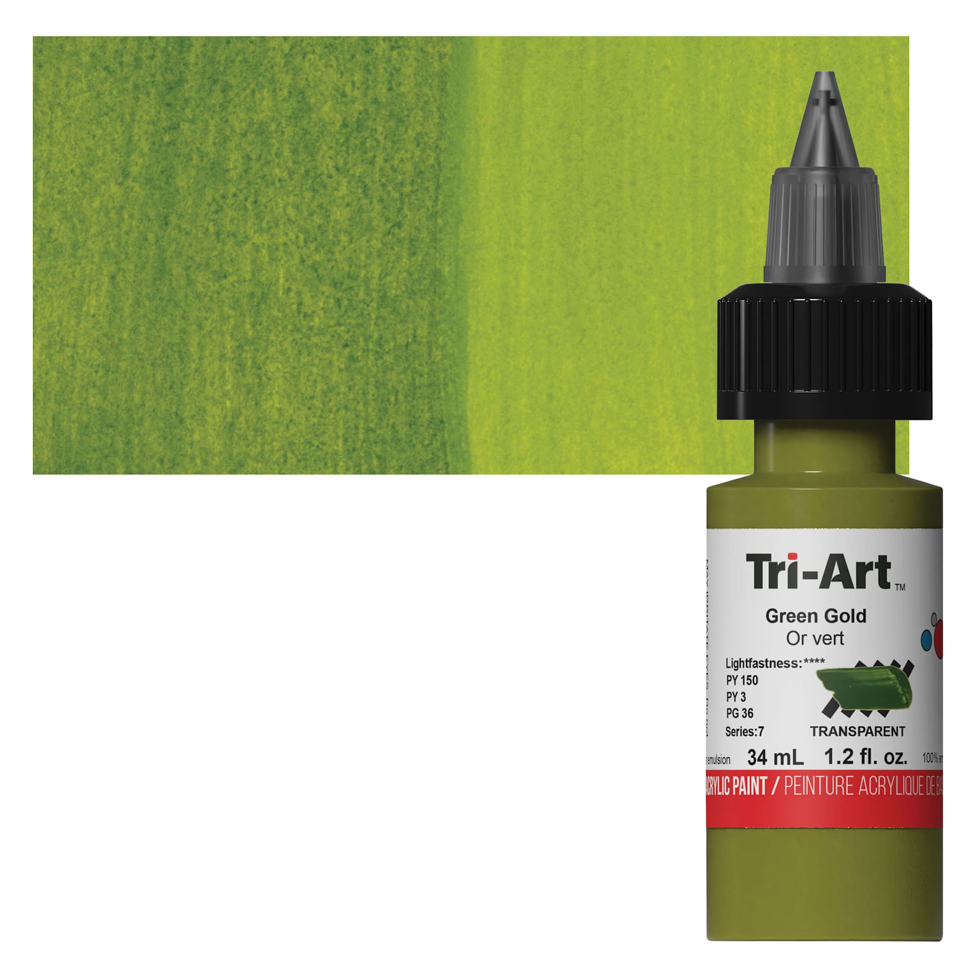 Tri-Art Low-Viscosity Artist Acrylic - Green Gold, 34 ml Tube and swatch