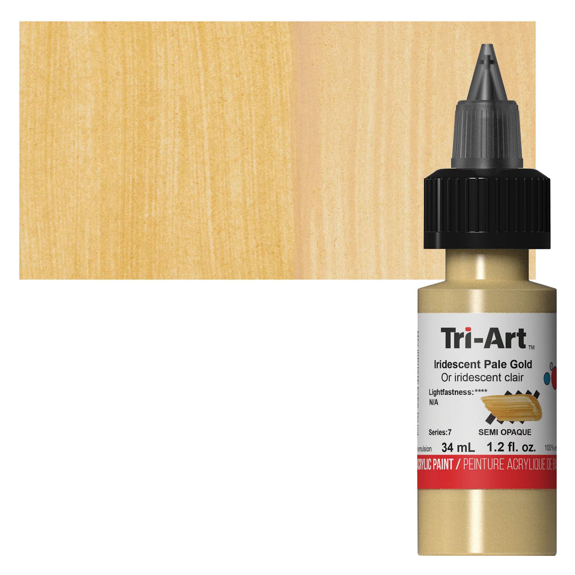 Tri-Art Low-Viscosity Artist Acrylic - Iridescent Pale Gold, 34 ml Tube and swatch