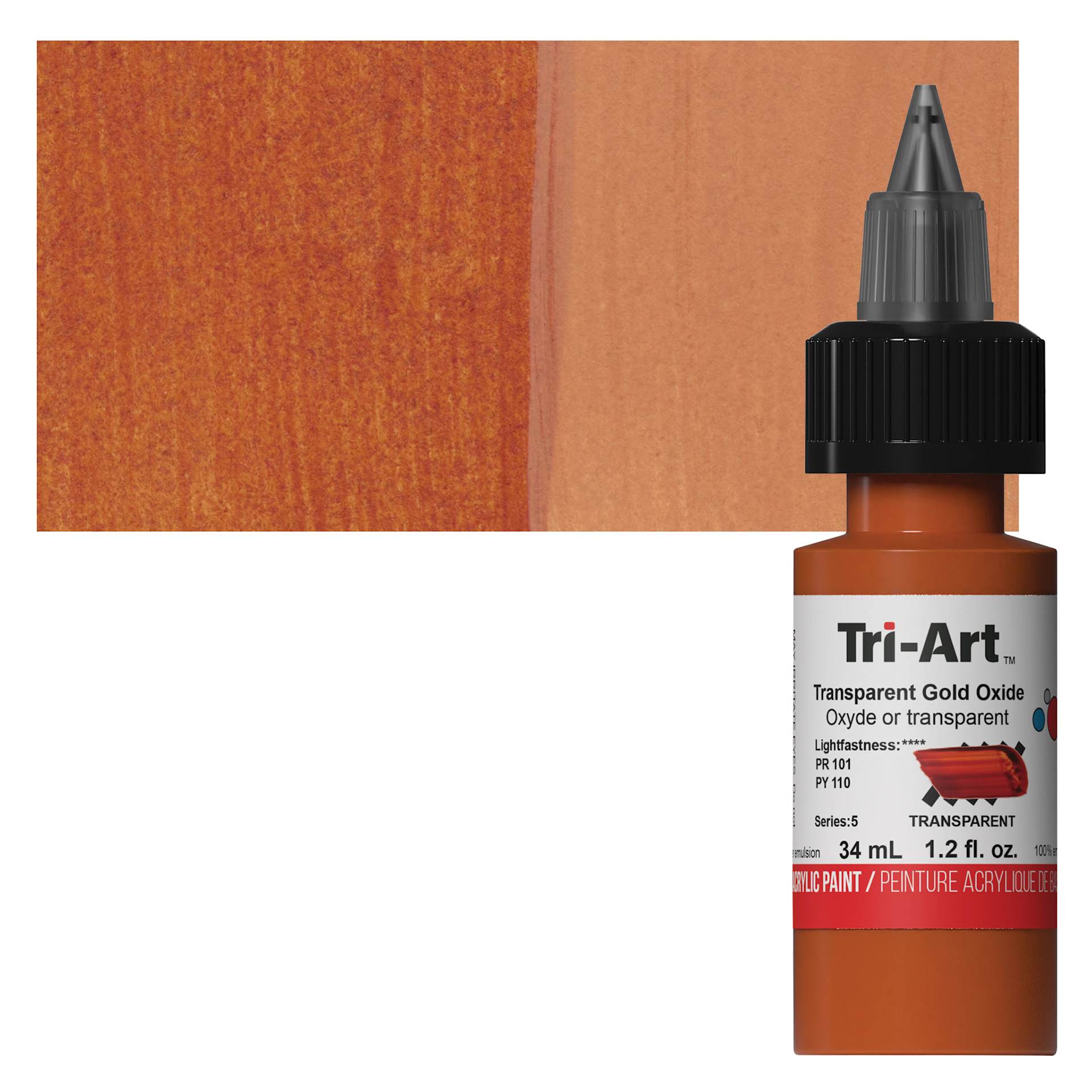Tri-Art Low-Viscosity Artist Acrylic - Transparent Gold Oxide, 34 ml Tube and swatch