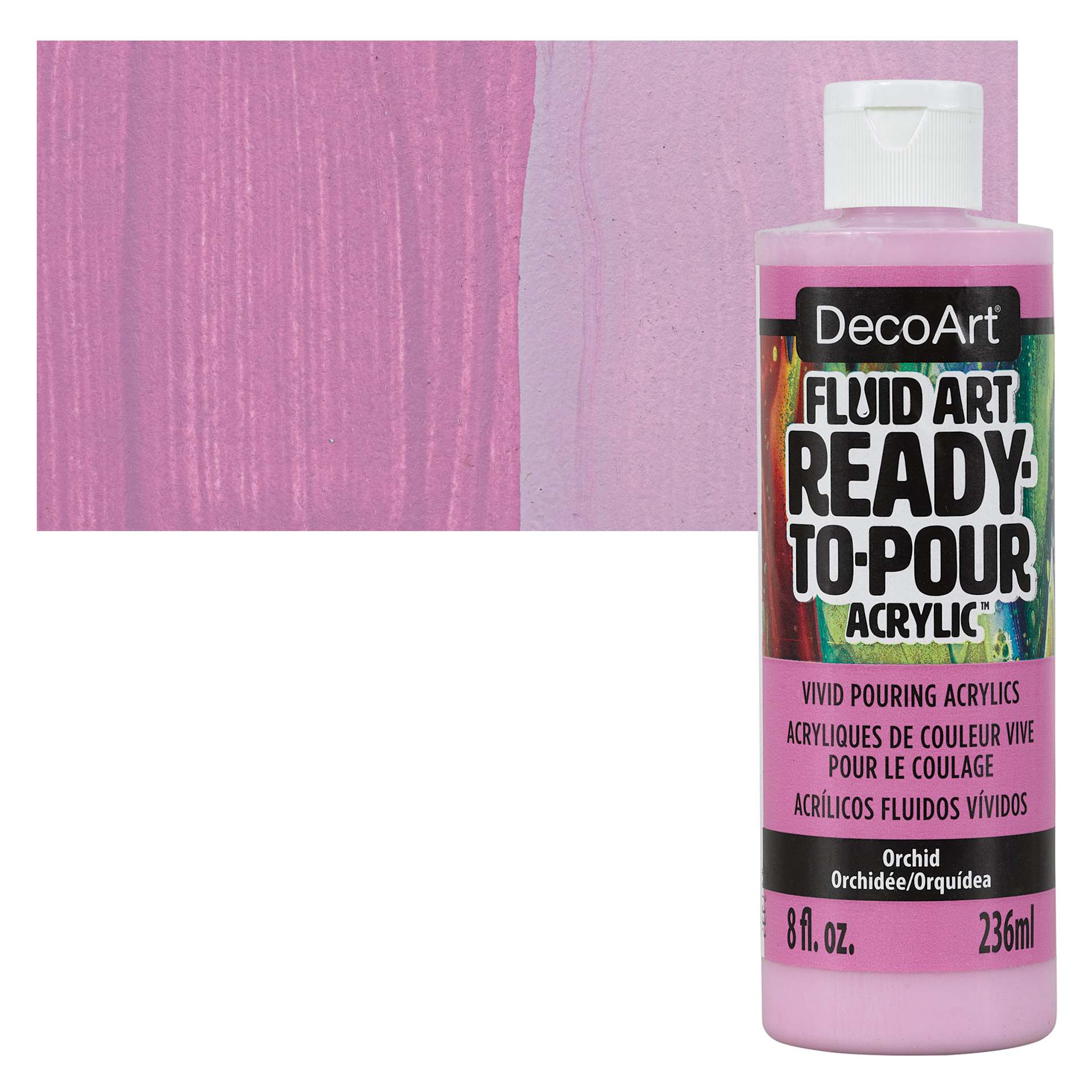 DecoArt Fluid Art Ready-To-Pour Acrylic - Orchid, 8 oz Bottle and swatch