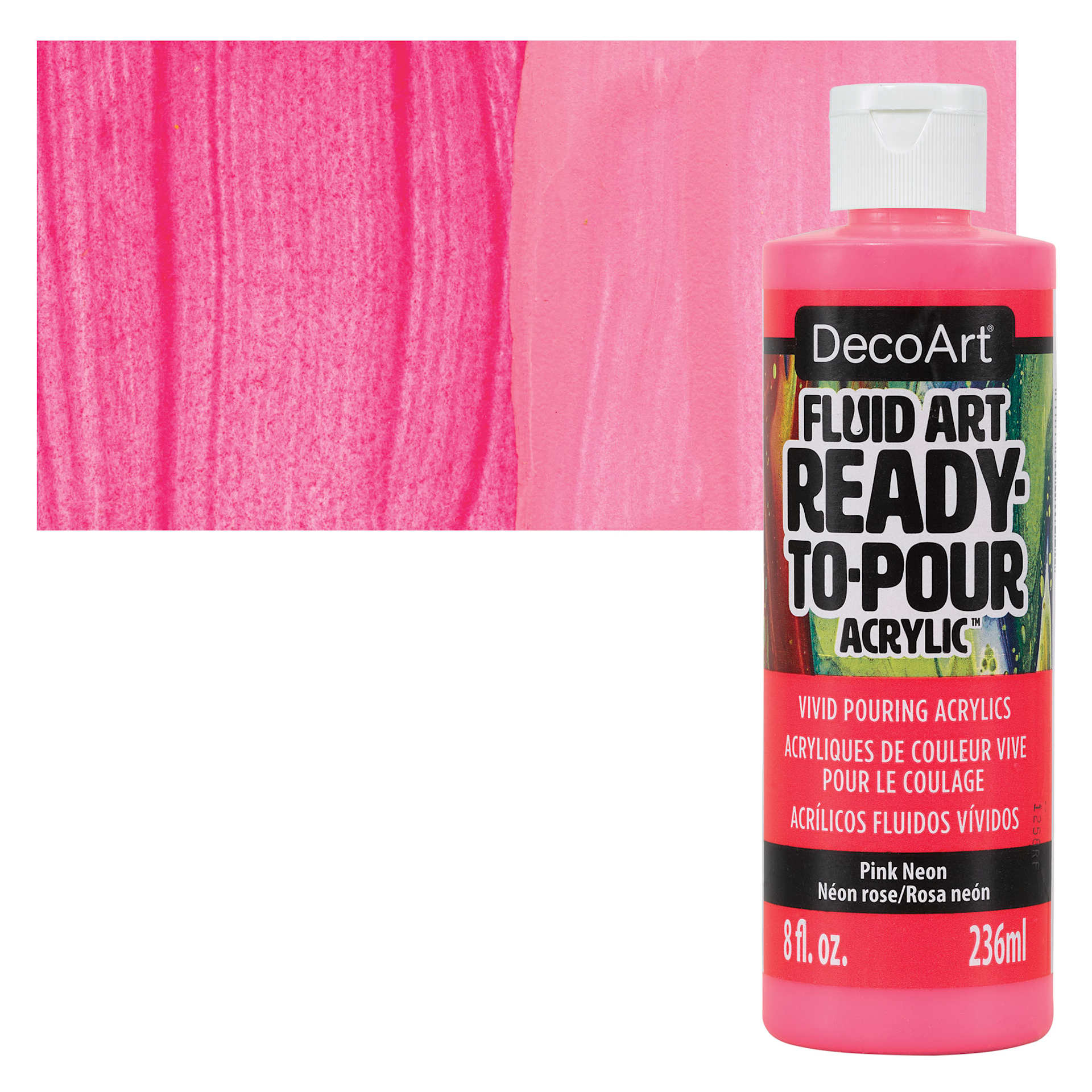 DecoArt Fluid Art Ready-To-Pour Acrylic - Neon Pink, 8 oz Bottle and swatch