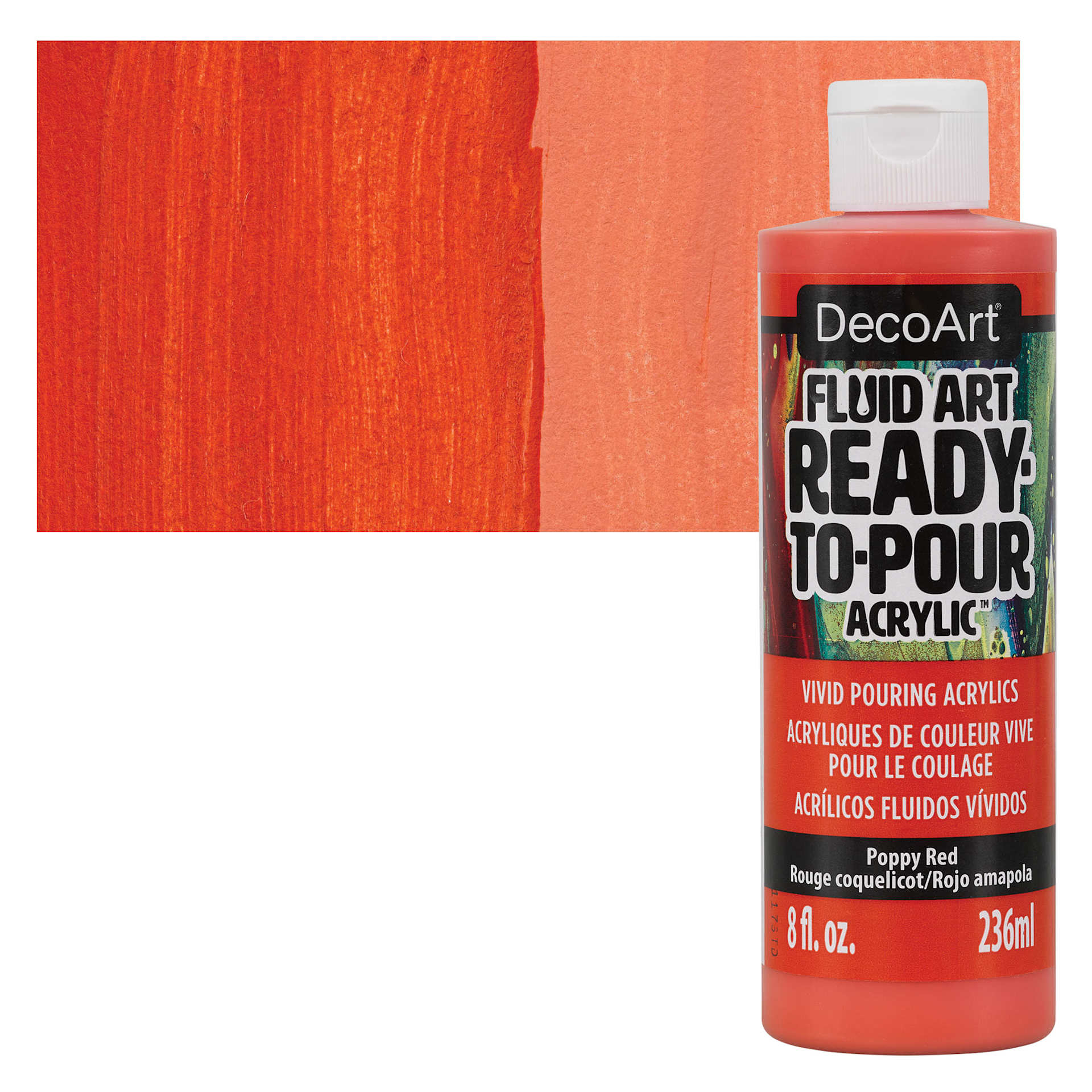 DecoArt Fluid Art Ready-To-Pour Acrylic - Poppy Red, 8 oz Bottle and swatch